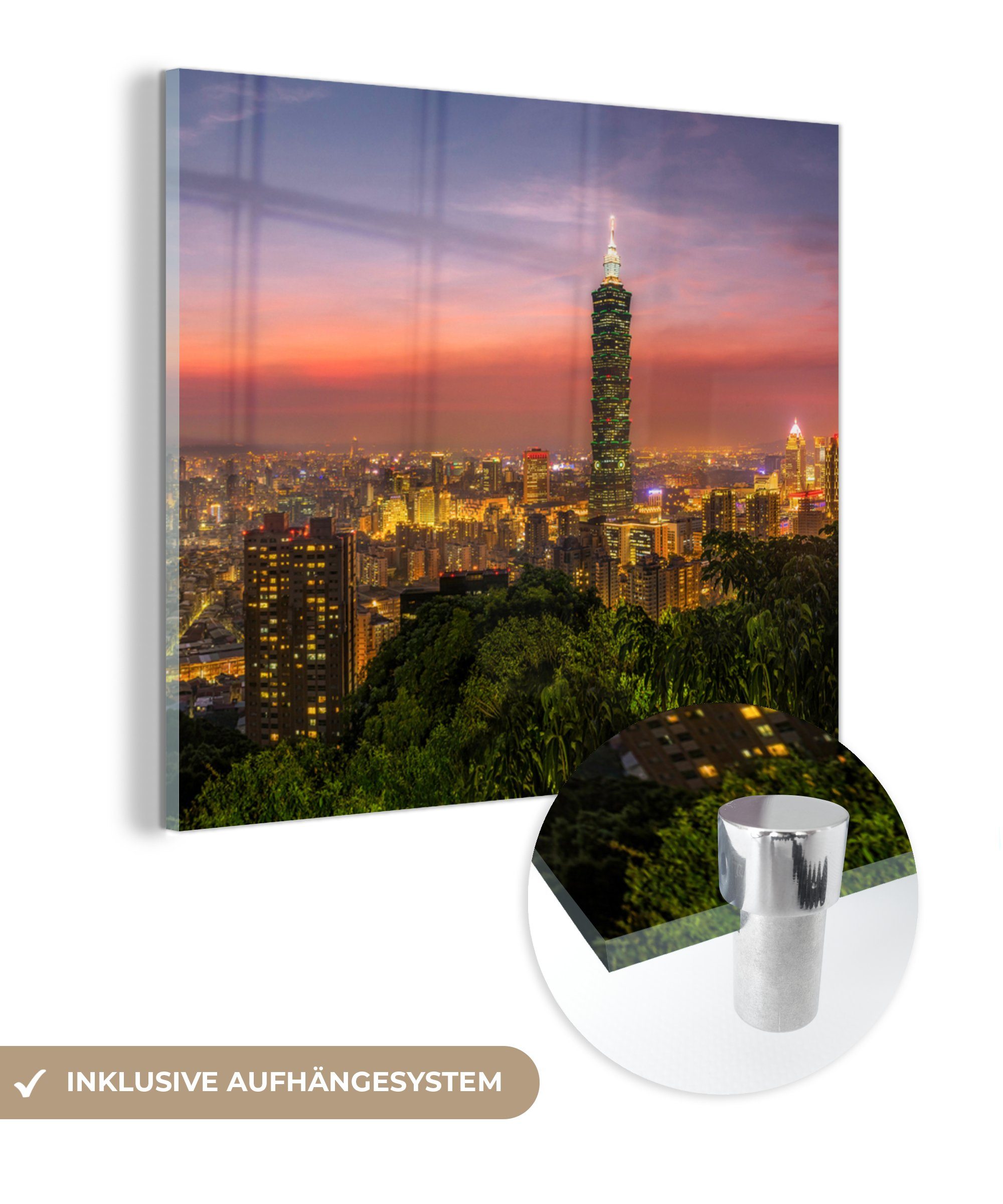 MuchoWow Acrylglasbild Panoramablick auf den Taipei 101 im asiatischen Taiwan, (1 St), Glasbilder - Bilder auf Glas Wandbild - Foto auf Glas - Wanddekoration