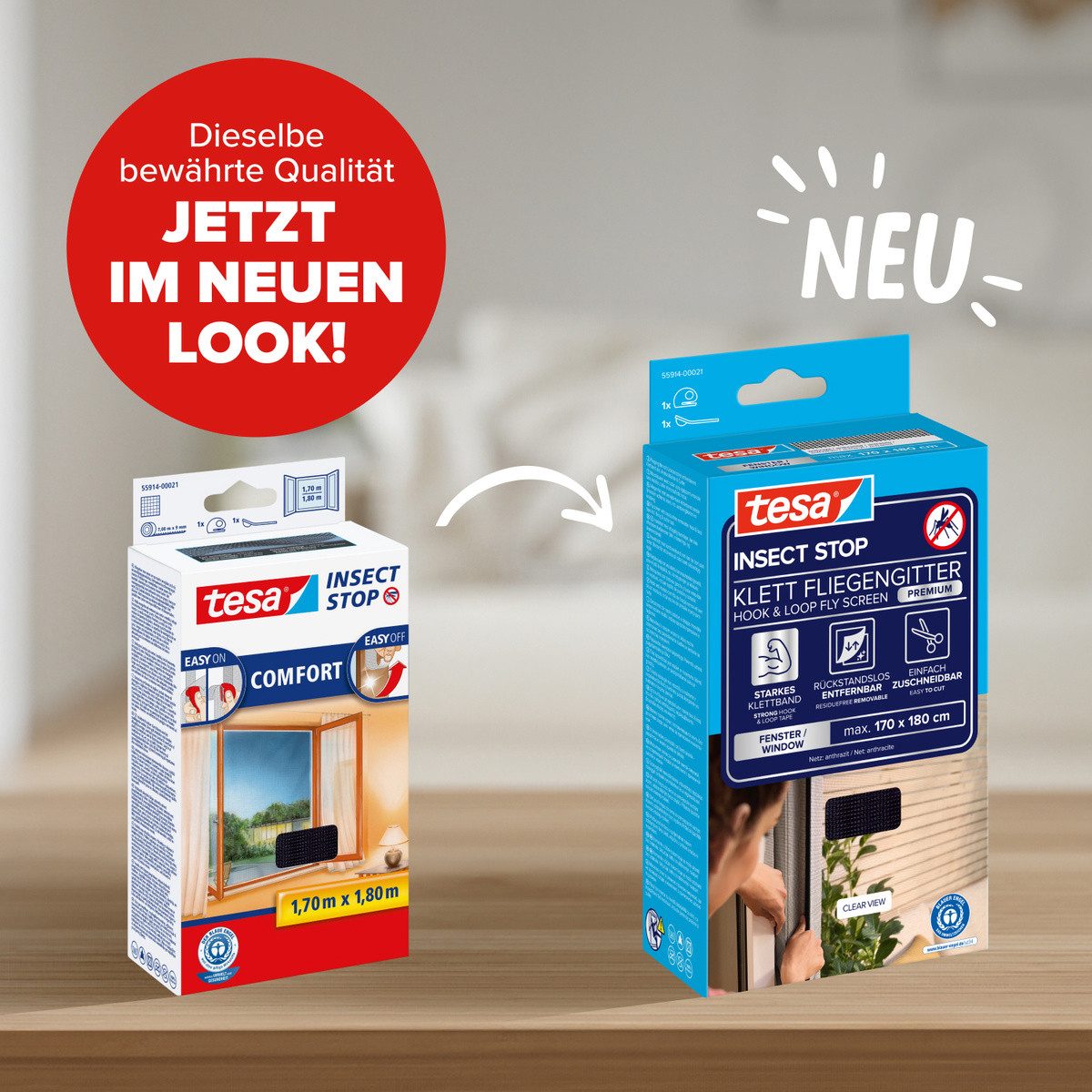 tesa Fliegengitter-Gewebe Premium für Fenster, Insektenschutz mit Klettband - 170x180 cm, (Packung, 1-St., Fliegennetz, Klettband, Andrück und Schneidehilfe), mit starkem Klettband, rückstandsfrei entfernbar, zuschneidbar