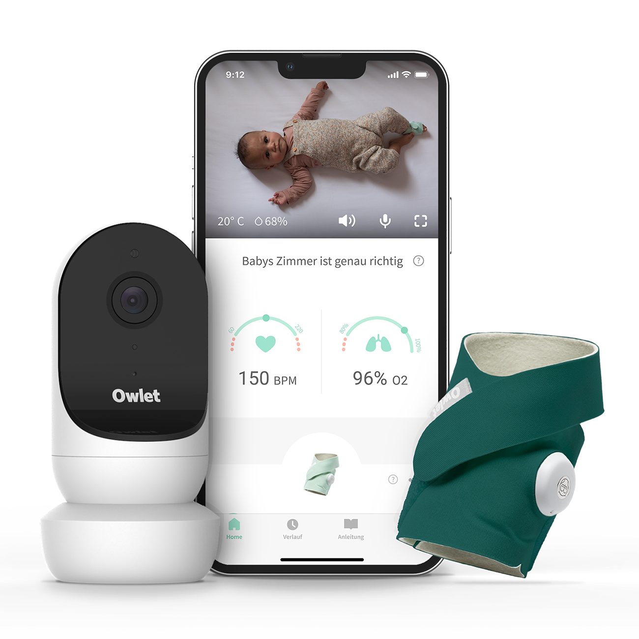 Owlet Baby Care DE Babyphone, Babyphone Duo 2: Smart Sock 3 und HD Kamera 2 Tiefseegrün