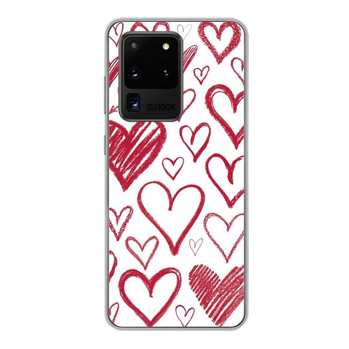 MuchoWow Handyhülle Eine Illustration mit mehreren Herzen auf weißem Hintergrund Phone Case Handyhülle Samsung Galaxy S20 Ultra Silikon Schutzhülle