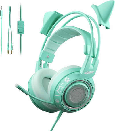 Somic G951S Gaming-Headset (mit In-Line-Mikrofonsteuerung, Stereo-Sound-Kopfhörer für Mädchen und Frauen, Grünes Gaming-Headset mit Mikrofon am Ohr, Kopfhörer über dem Ohr)