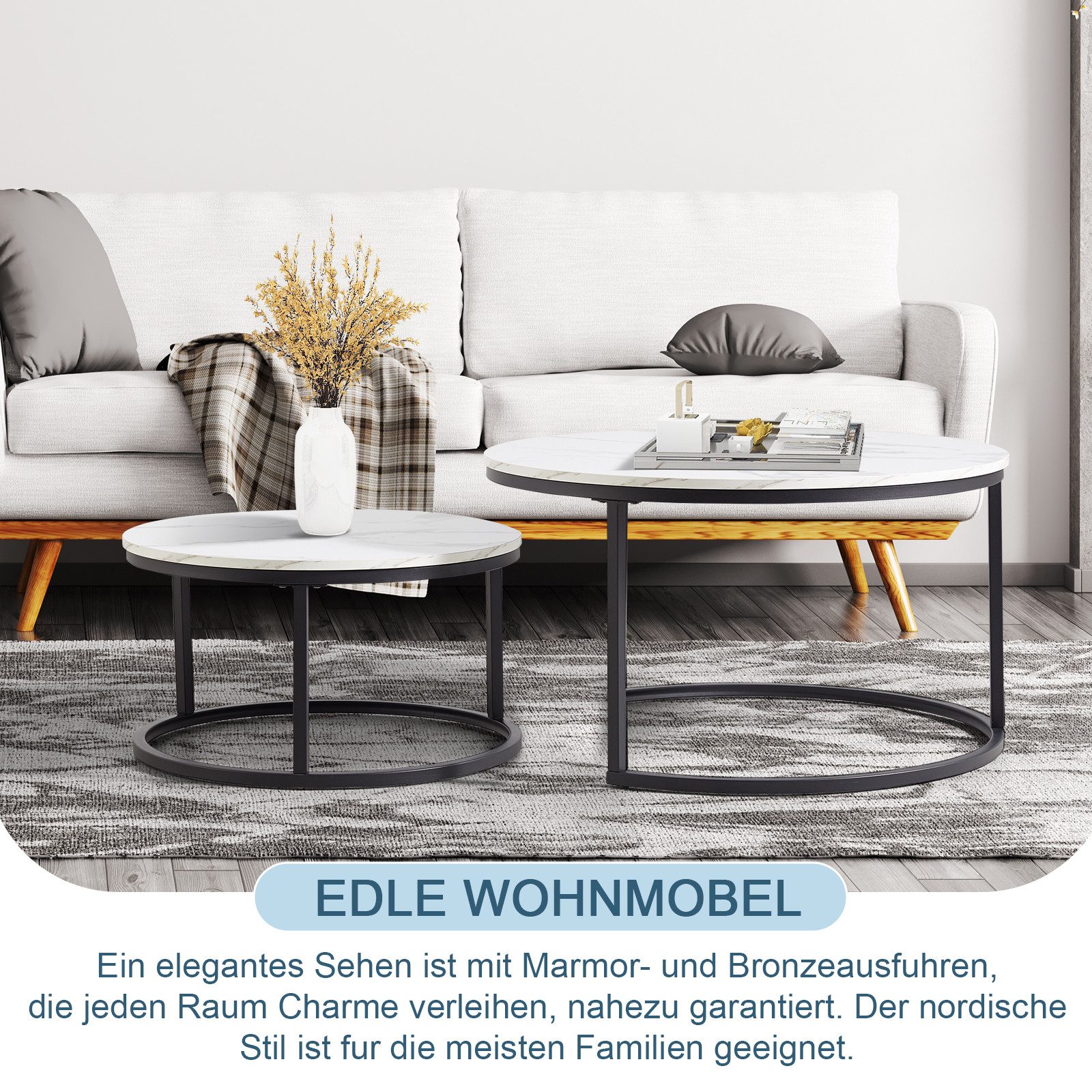 REDOM Couchtisch Satz Marmor Furnier Sofa Seite Nest von Tischen Runde Endtische (2-St), Ideal für Wohnzimmer & Büro, Platzsparendes stapelbares Design – Bild 5 von 5