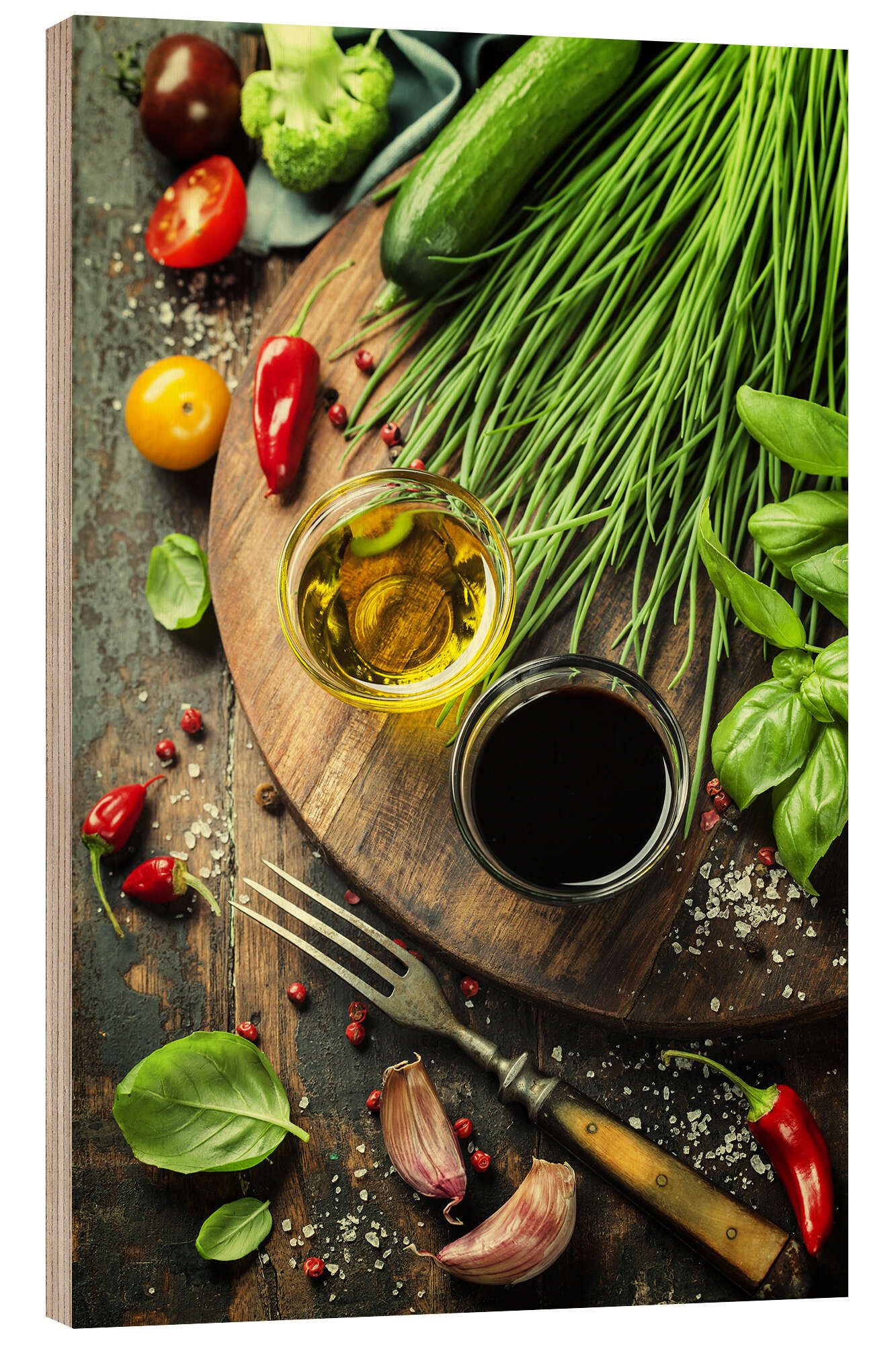 Posterlounge Holzbild Editors Choice, Gesundes Bio-Gemüse und Gewürze, Küche Fotografie