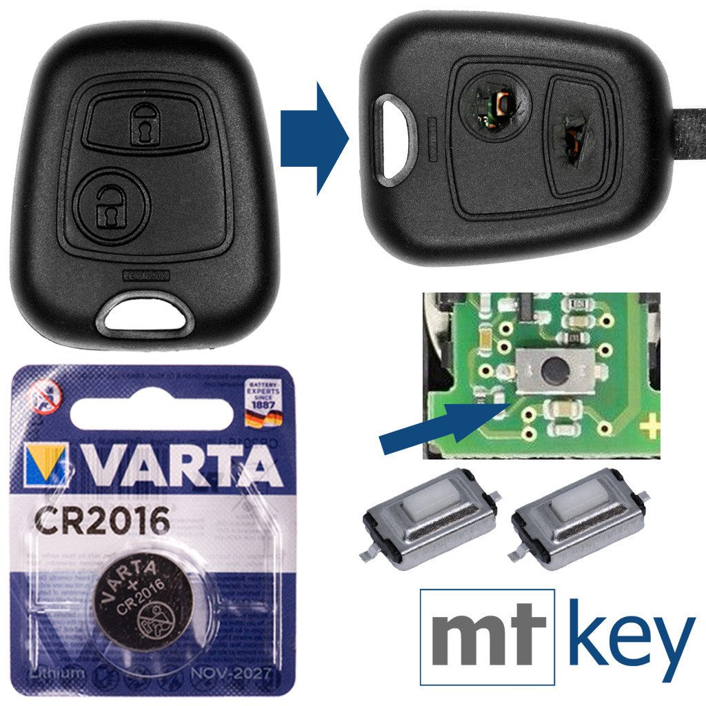 mt-key Reparatur Set Auto Schlüssel Ersatz Gehäuse + 2 Taster + VARTA CR2016 Knopfzelle, CR2016 (3 V), für Peugeot 206 Funk Fernbedienung