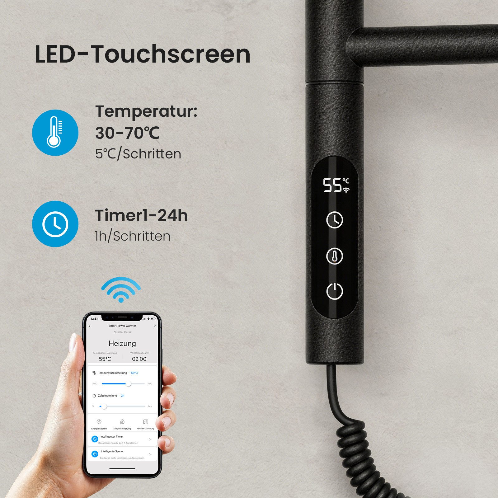 MEYKOERS Heizkörper Elektrischer Handtuchtrockner Drehbaren Heizarmen mit Smart-Steuerung, 180° schwenkbar, 135W, Kohlefaser-Heiztechnologie