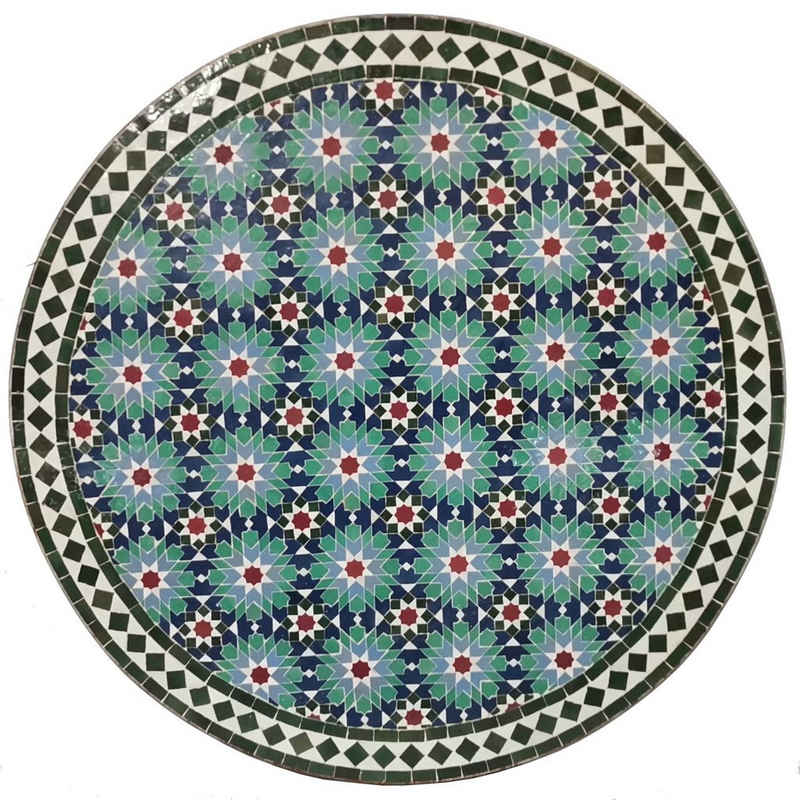 Casa Moro Esstisch Mosaiktisch D100 Ankabut Blau Grün rund mit Schmiedeeisen Gestell (Mosaik Gartentisch mediterraner Esstisch aus Marokko), handgefertigter Terrassentisch Kunsthandwerk aus Marokko MT2219