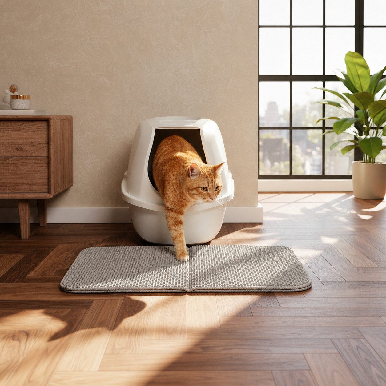 belviona Bodenschutzmatte für Katzentoiletten, Katzenstreumatte 61x38 cm, grau, rutschfest, 1-St., EVA-Matte im Bienenwabenmuster, wasserdicht & pflegeleicht