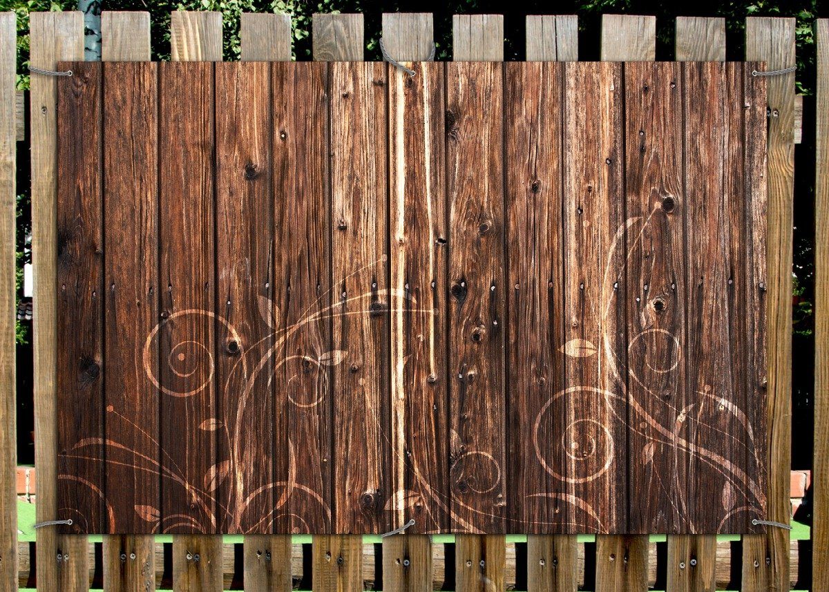 Wallario Sichtschutzzaunmatten Holz in dunkelbraun mit Blumenmuster - Schnörkel