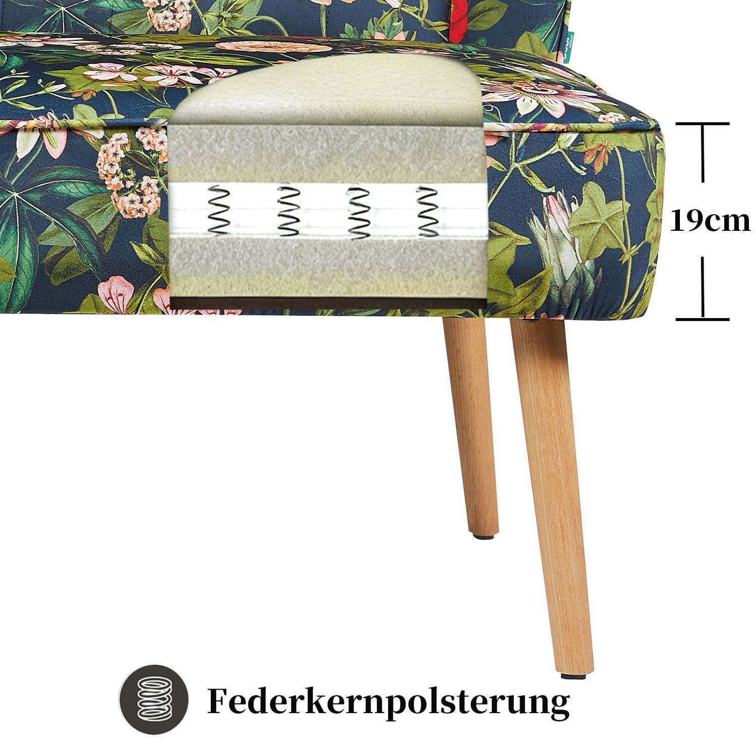 DUBI Möbel Essbank Sophia, Federkernbox gepolstert, mit Rückenlehne, 140cm, Holzbeine Eiche