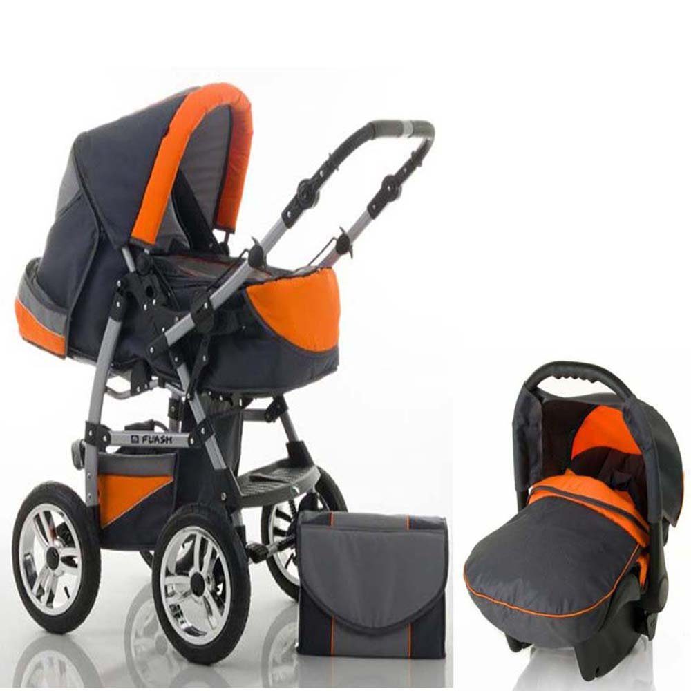 Anthrazit-Orange - Farben in 3 Kombi-Kinderwagen babies-on-wheels Autositz 15 Flash in inkl. 18 - Kinderwagen-Set 1 Teile