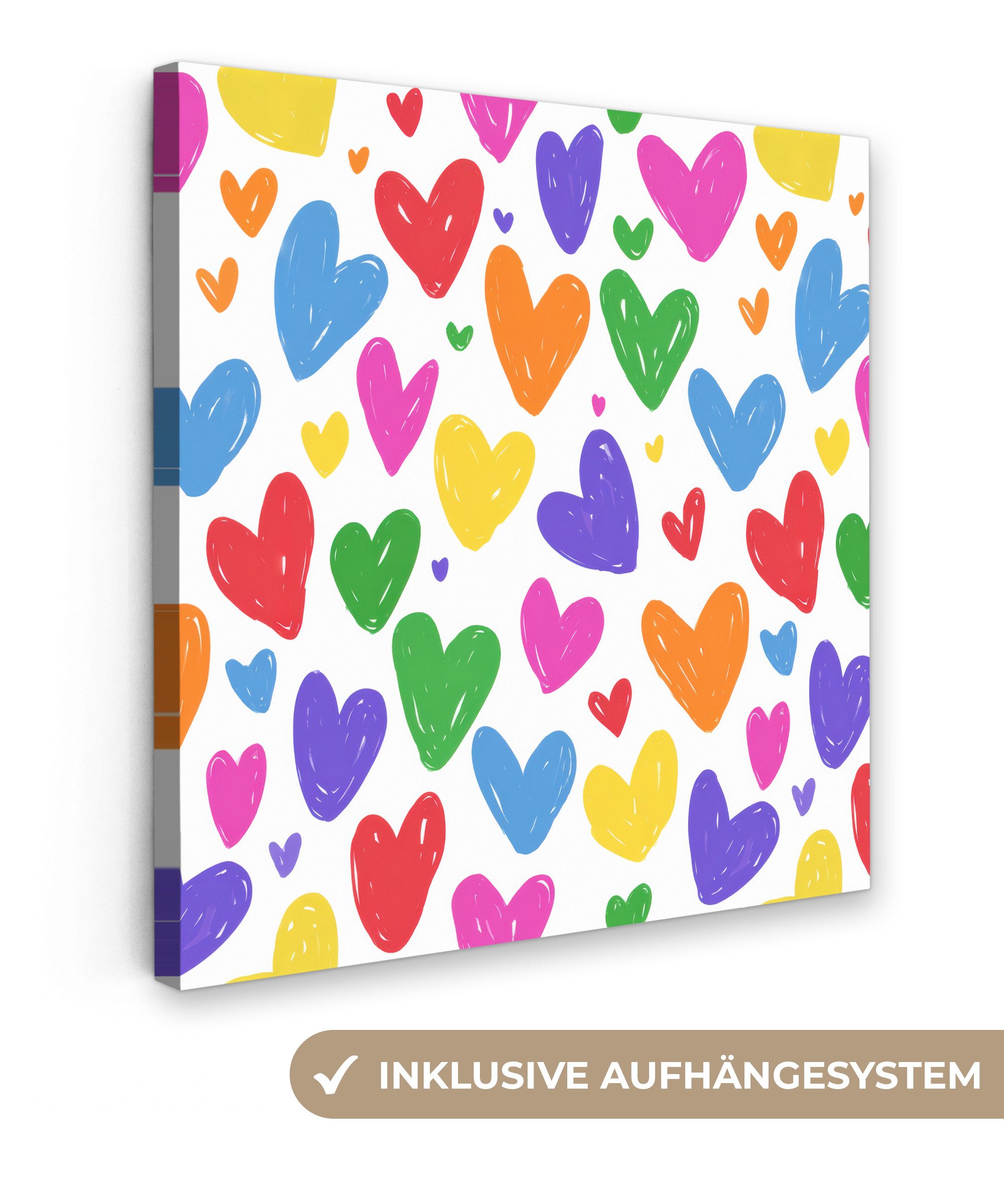 OneMillionCanvasses® Leinwandbild Herzen - Kratzige Textur - Farbenfroh - Ausdrucksstark, Fotodruck (1 St), Wandbild, Deko Schlafzimmer Wohnzimmer Flur 20x20 cm
