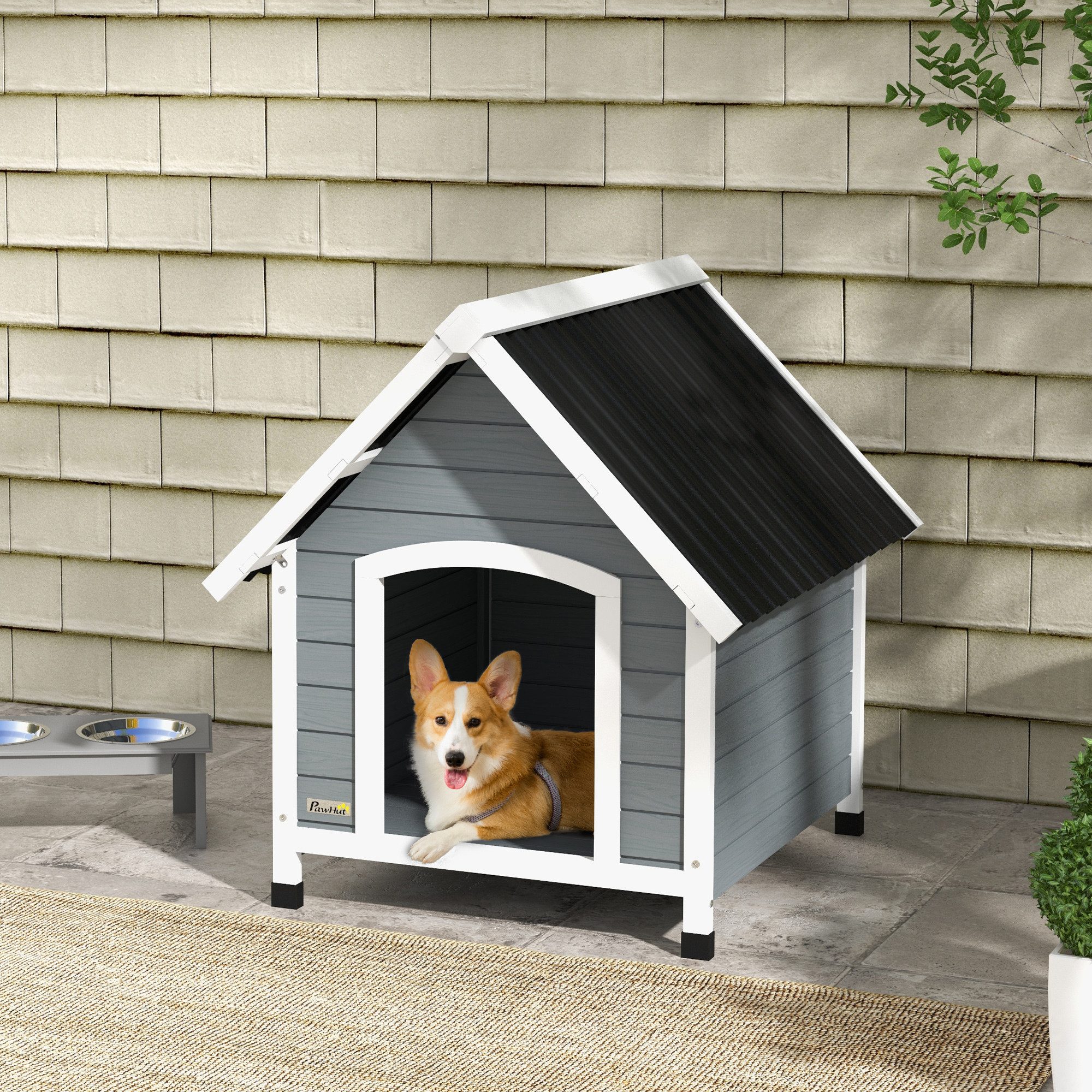 PawHut Hundehütte Hundehaus Kleintierhaus mit Asphaltdach, mit herausnehmbarem Boden, für Garten, Balkon, Grau