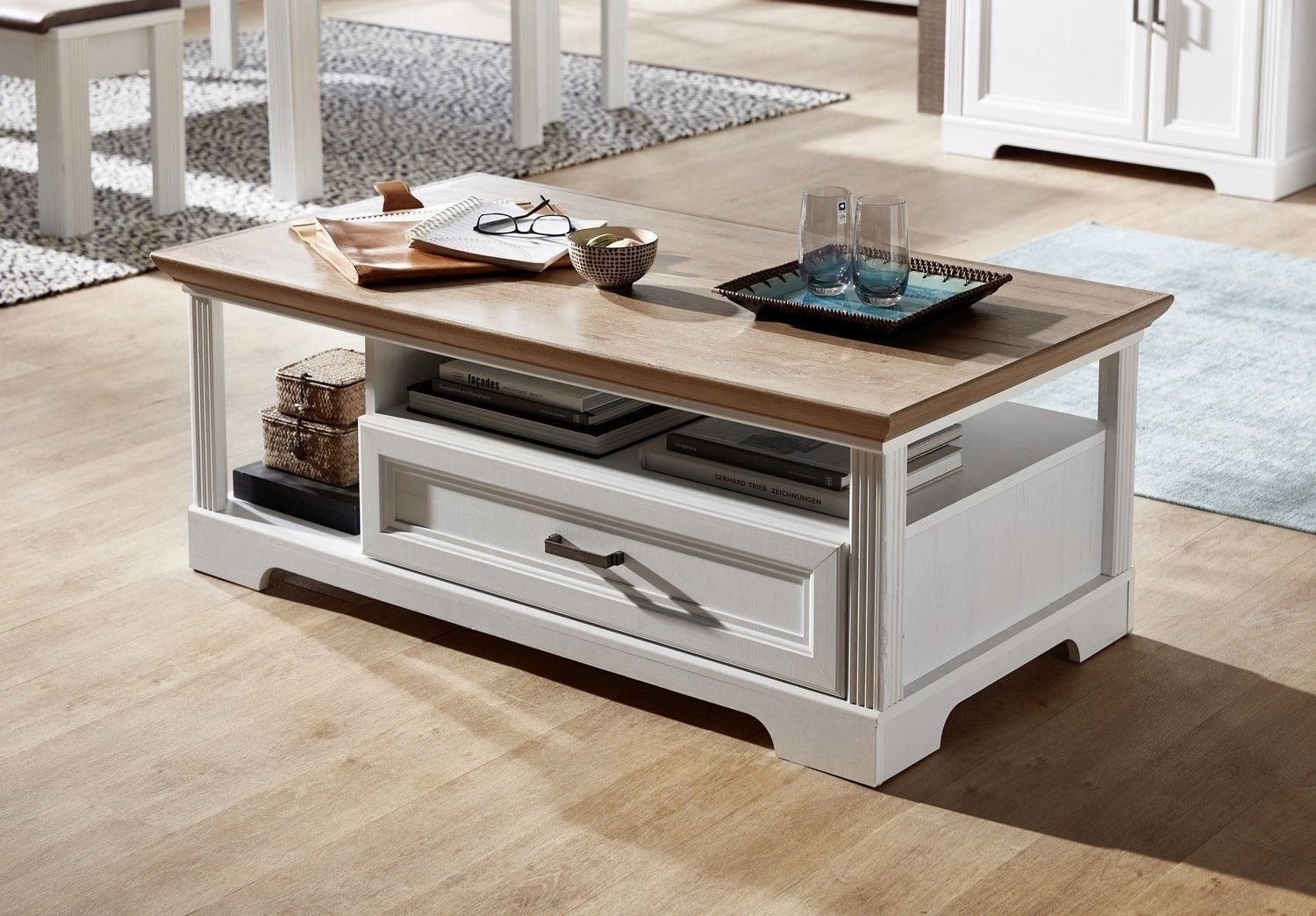 Innostyle Couchtisch JASMIN, 120 x 67 cm, mit Schublade, mit 2 Ablagen, Artisan Eiche Dekor, Pinie Dekor