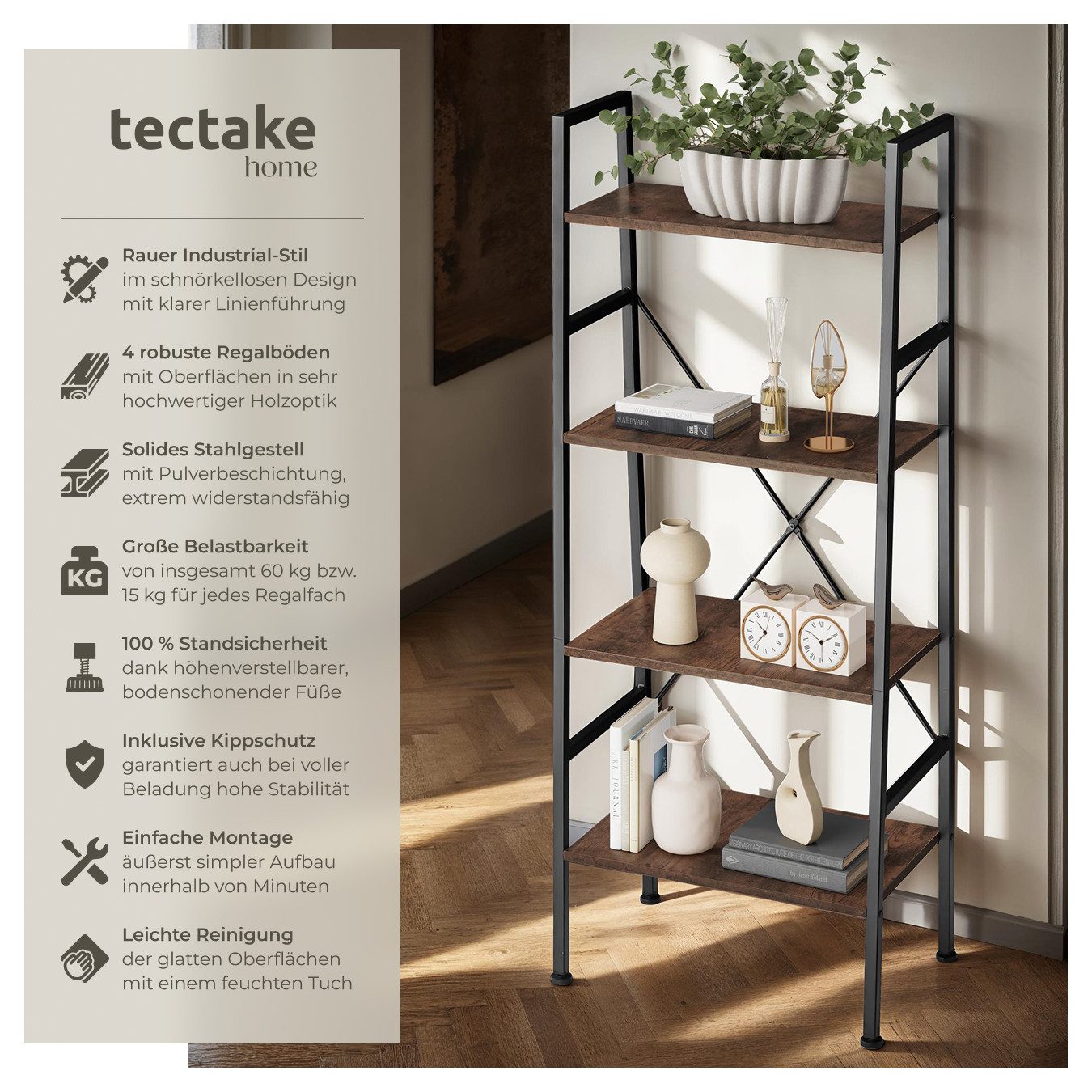 tectake Leiterregal Stufenregal Newcastle 57,5 x 35,5 x 139cm, Set 1-tlg., günstig online kaufen