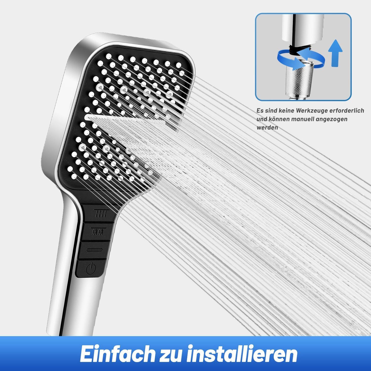 TUWENA Handbrause 7 Strahlarten Duschkopf Regendusche Gross Duschbrause Druckerhöhend – Bild 5 von 5