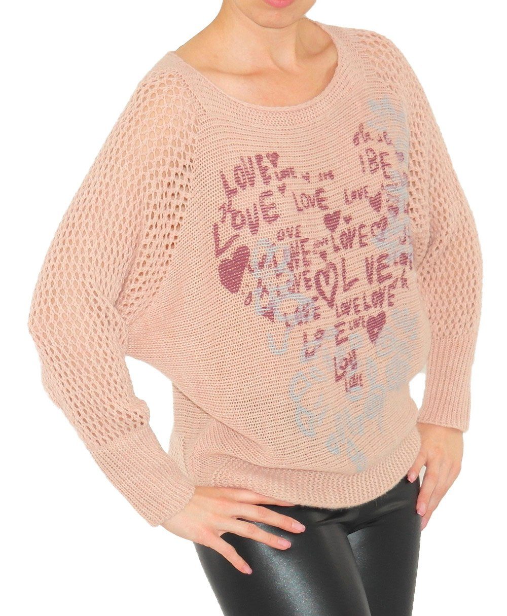 Strick Longpullover Top-Netz YESET Pulli Love-Blumen Wolle rosa Pullover leicht