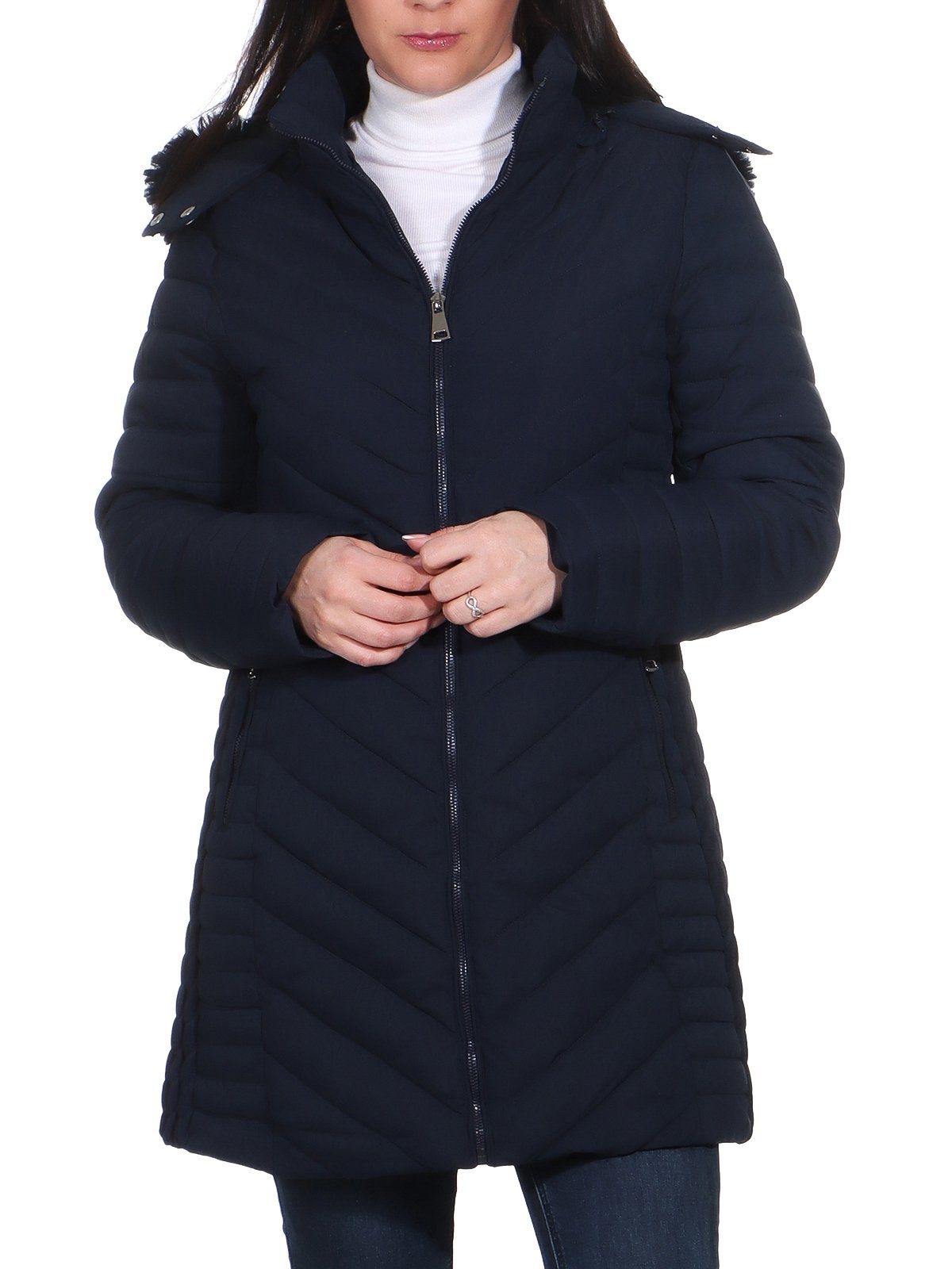 Outdoorjacke mit warme Aurela Damenmode Damen mit Teddyfell Steppjacke Marine Kapuze Langjacke mit Teddyfell