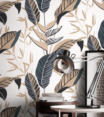 Newroom Vliestapete, Schwarz Tapete Modern Dschungel - Mustertapete Blumentapete Gold Grau Tropisch Floral Palmen Blätter für Wohnzimmer Schlafzimmer Küche