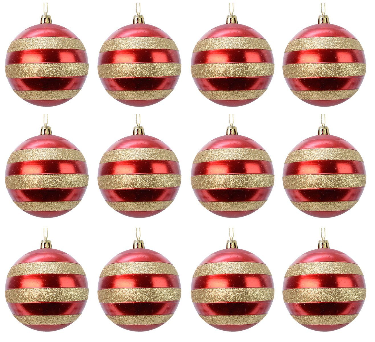 Decoris season decorations Weihnachtsbaumkugel, Weihnachtskugeln Kunststoff 8cm Streifen 12er Set - Weihnachtsrot