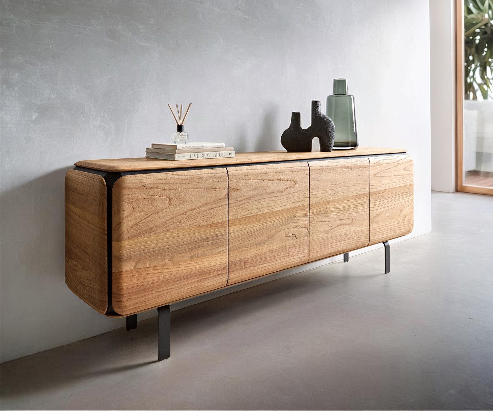 DELIFE Sideboard Giacinto, 180 cm Ulme Natur 4 Türen L-Fuß Schwarz