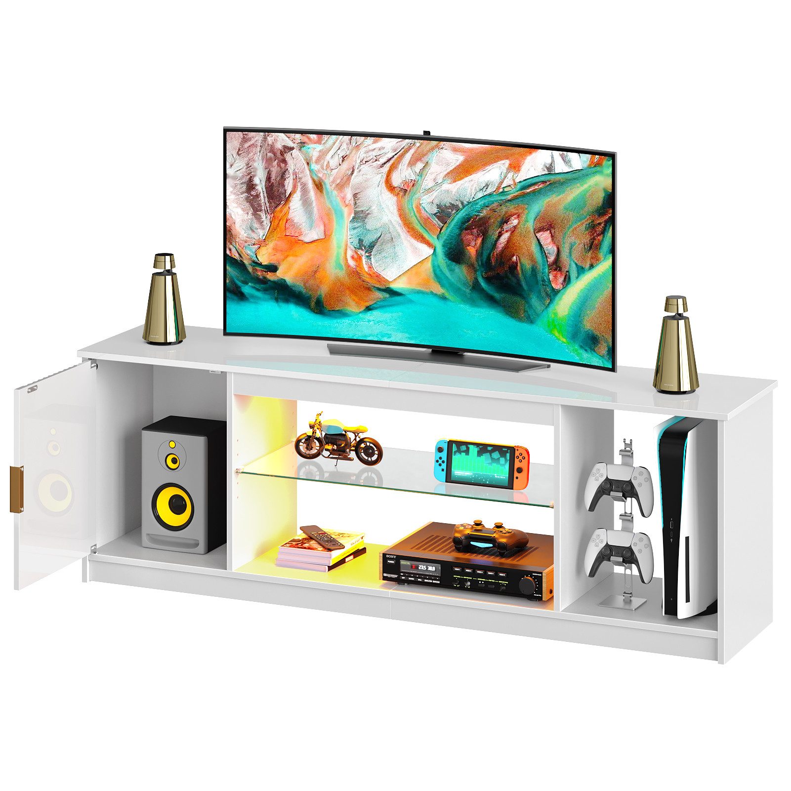 Bestier TV-Schrank Lowboard für 65 Zoll & kleinere TVs, 144.8 x 35 x 52 cm, (Fernsehschrank mit RGB-LED-Leuchten) Fernsehtisch mit verstellbaren Glasböden für Wohnzimmer, Schwarze