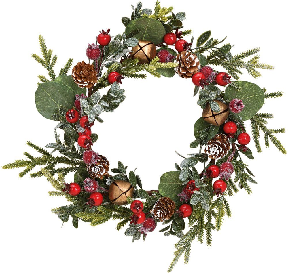 Adventskranz Weihnachtskranz Blätter Beeren Glöckchen Kunststoff Ø 30 cm