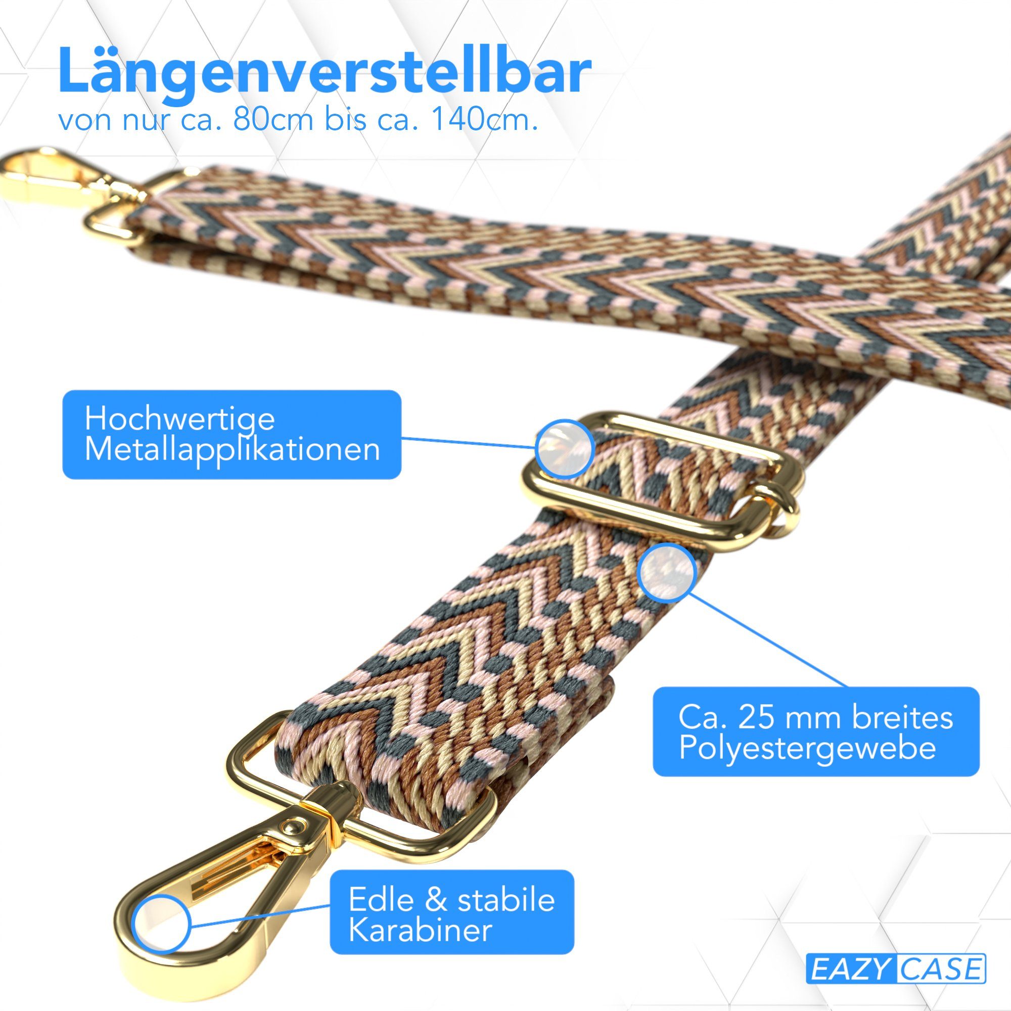 EAZY CASE Schulterriemen Ersatz Taschenriemen Boho Style Schulterriemen Taschenband Schultergurt zum Wechseln Tasche Gold Braun