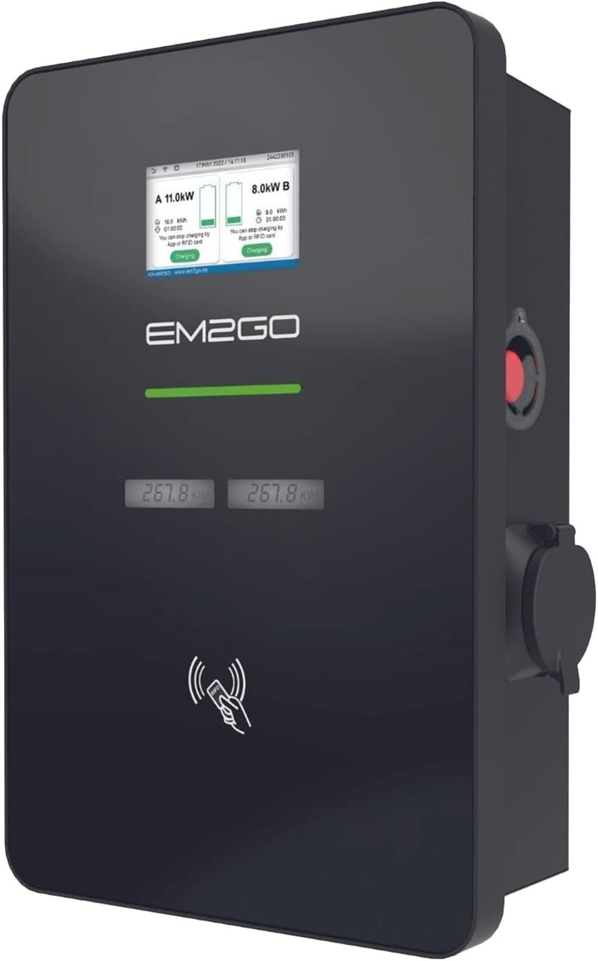 EM2GO Elektroauto-Ladestation EM2GO Duo Wallbox 2x22kW Typ2 E-Auto Ladestation, Wallbox, Doppelte Ladestation 11kW / 16A, 3-Phasig, Einzelgerät, Wallbox mit 2 Ladepunkten & RFID & Backend, Zwei E-Autos laden – Backend & netzdienlich