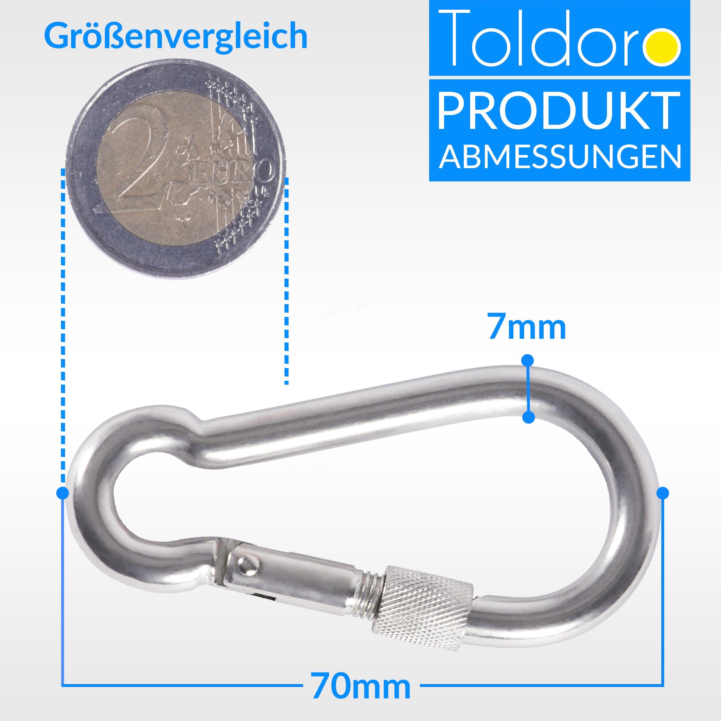 70mm St), Karabiner Sicherheitsverschluss, mit Karabinerhaken Karabinerhaken Edelstahl rostfrei, 5x Sicherheitsverschluss, Toldoro rostfrei Karabiner (5 Edelstahl 70mm 5x mit Karabiner