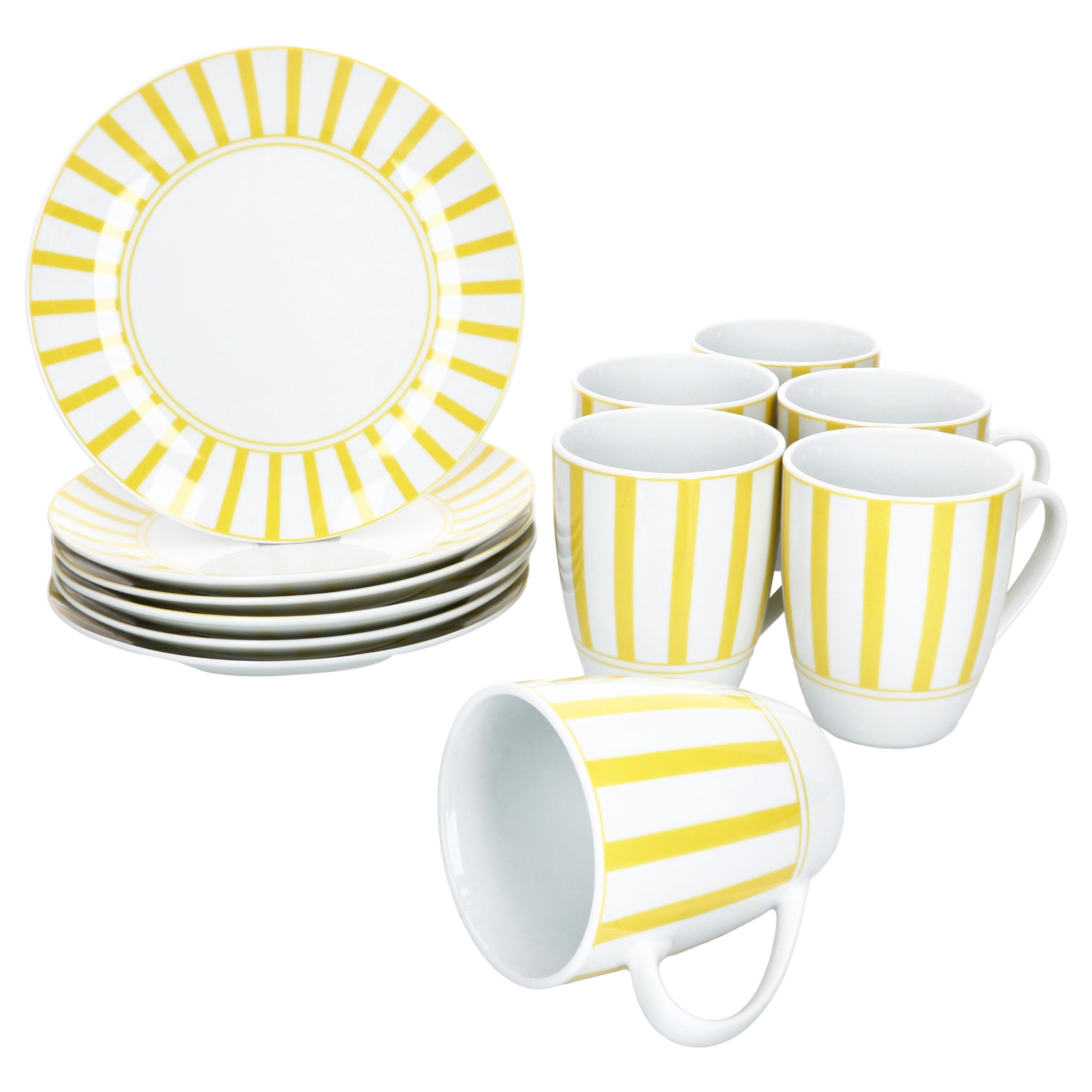 MamboCat Frühstücks-Geschirrset MamboCat Split gelb 12tlg Frühstücksset gestreifte Teller Kaffeebecher, Porzellan