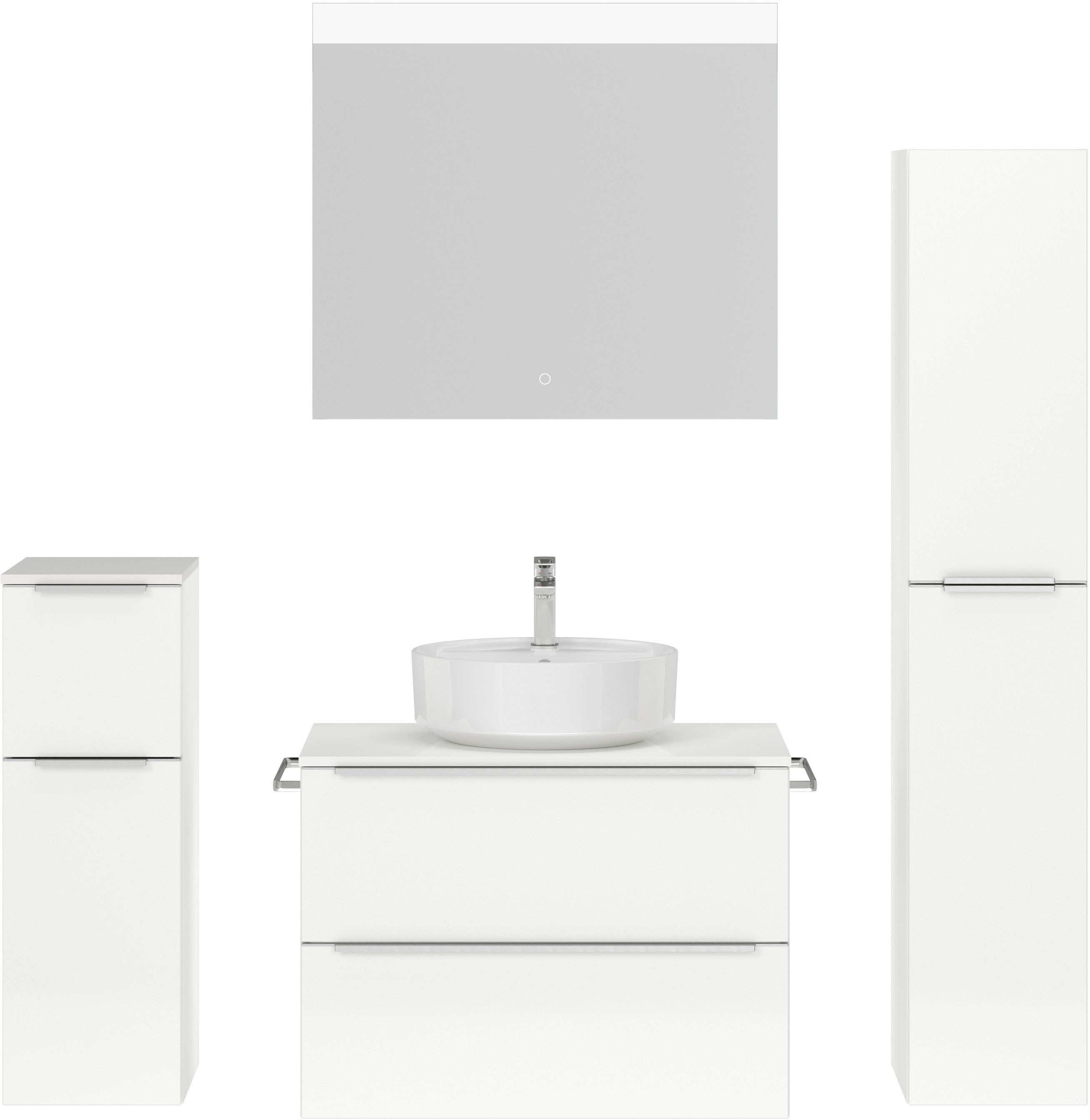 nobilia® Badmöbel-Set Alvene, (4-St., vormontiert, mit Soft-Close), Hochglanz, inkl. Spiegel mit Touch-Sensor, in vier Breiten