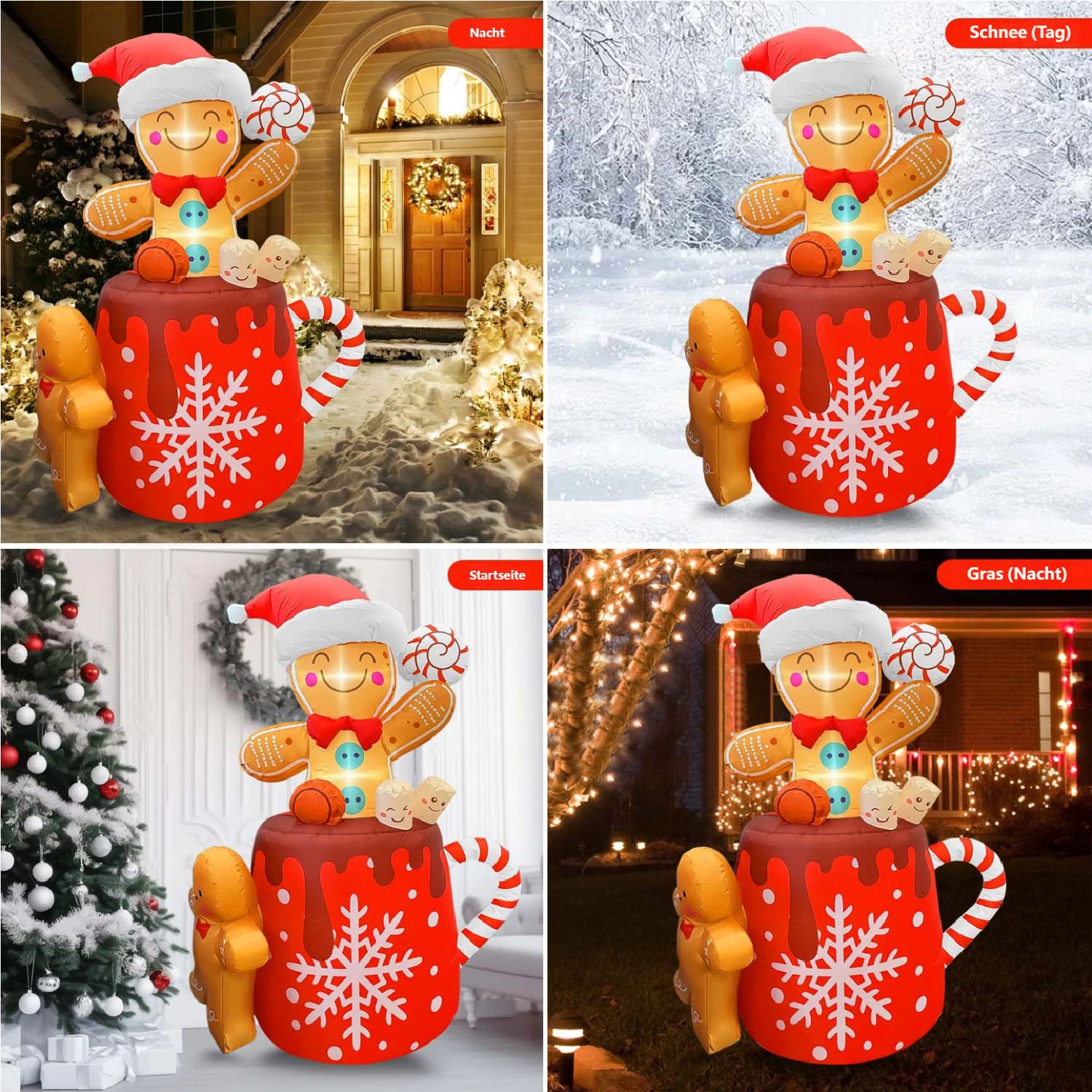 GVDV Weihnachtsfigur Aufblasbare Weihnachtsdeko 1,8 m Lebkuchenmann mit LED-Beleuchtung (Set, Weihnachtsdeko mit Zubehör), IP65 Wetterfest, für Innen- & Außenbe – Bild 5 von 5