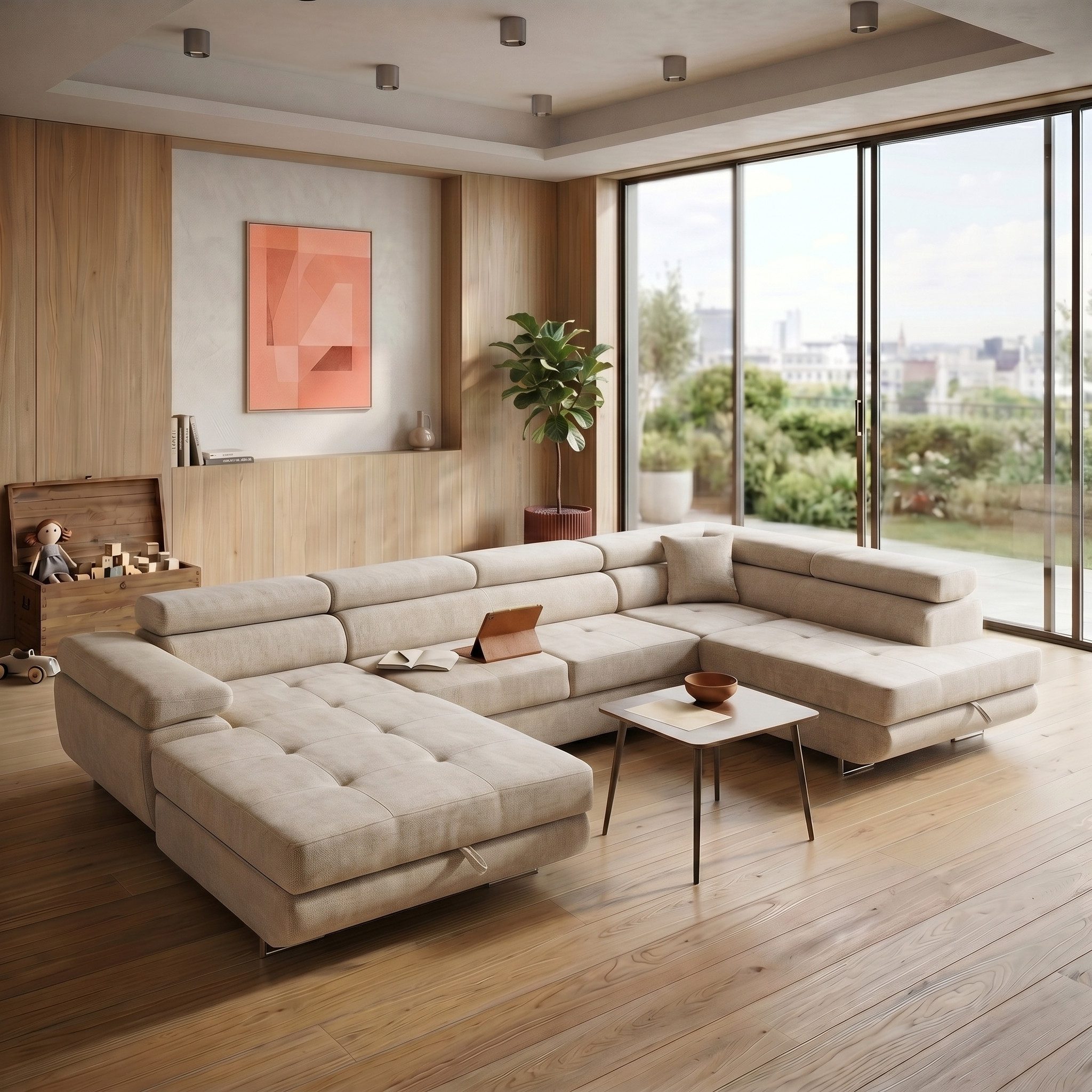 Muffo Ecksofa WILD U, Verstellbare Kopfstützen, elegante Metallbeine, 2 Bettzeugkasten, gelegentliche Schlaffunktion