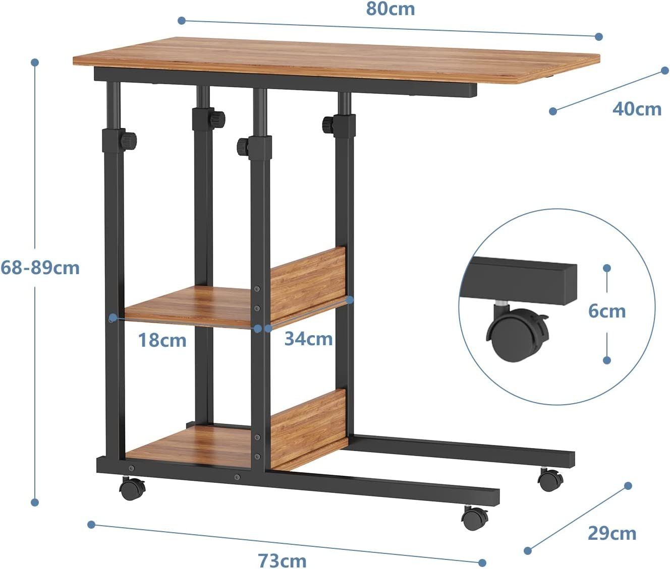 Dripex Beistelltisch Schreibtisch mit Rollen Computertisch Höhenverstellbar Laptoptisch