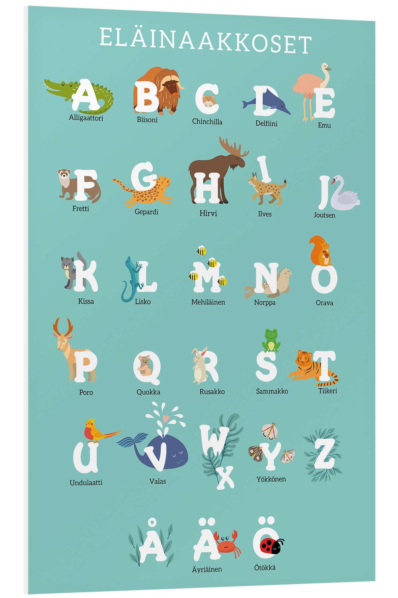 Posterlounge Wandbild Tieralphabet (finnisch), Kidz Collection, erhältlich als Poster, Leinwandbild, Wandsticker oder Acrylglasbild