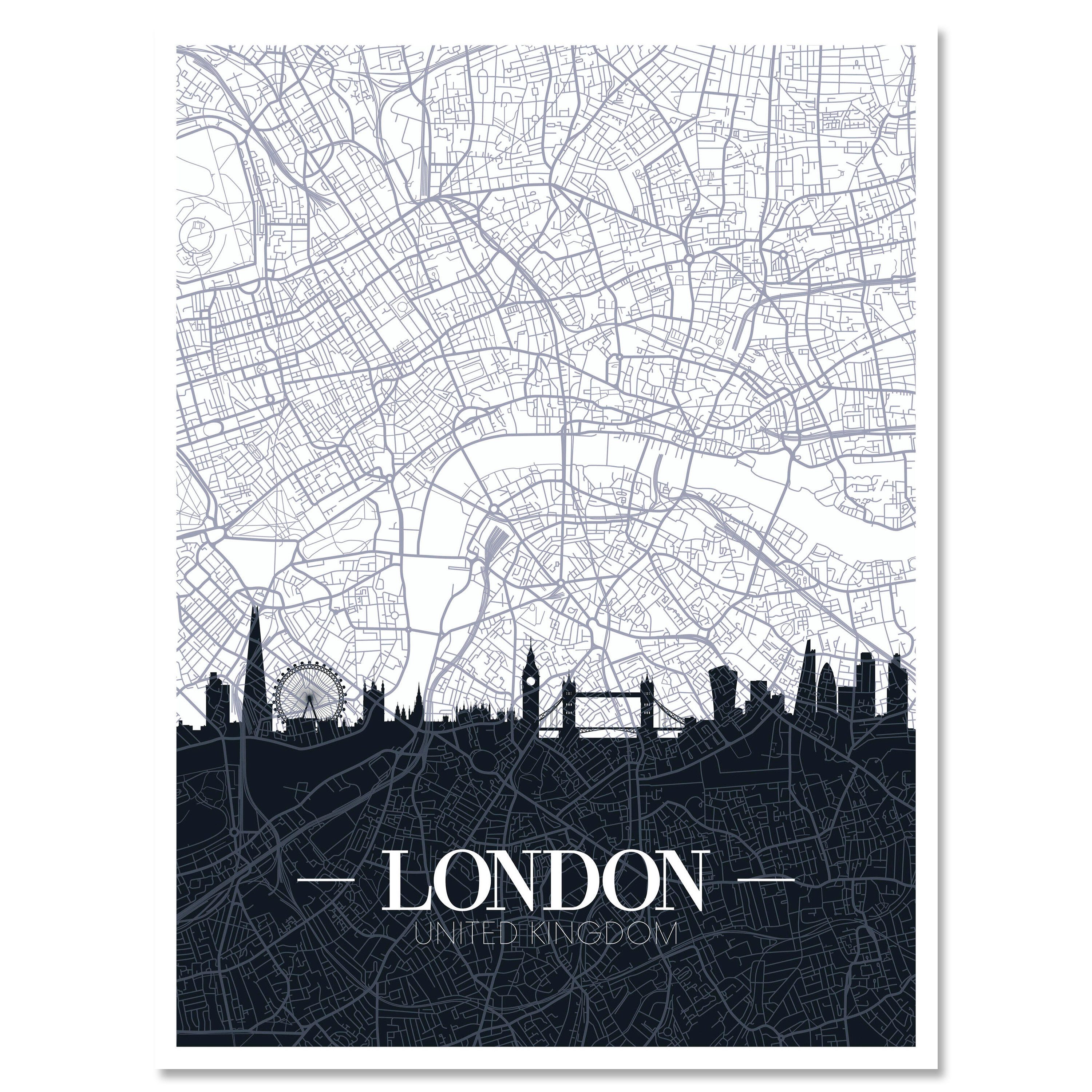 wandmotiv24 Leinwandbild Stadt Karte, Hochformat, London, England, Großbritannien, Skyline, Weltkarten (1 St), Wandbild, Wanddeko, Leinwandbilder in versch. Größen