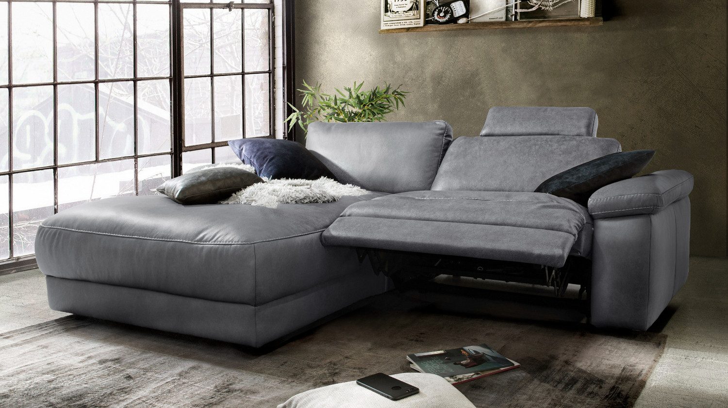 KAWOLA Ecksofa LOLA, Couch L-Form rechts oder links, Sitzvorzug motorisch, Stoff oder Leder