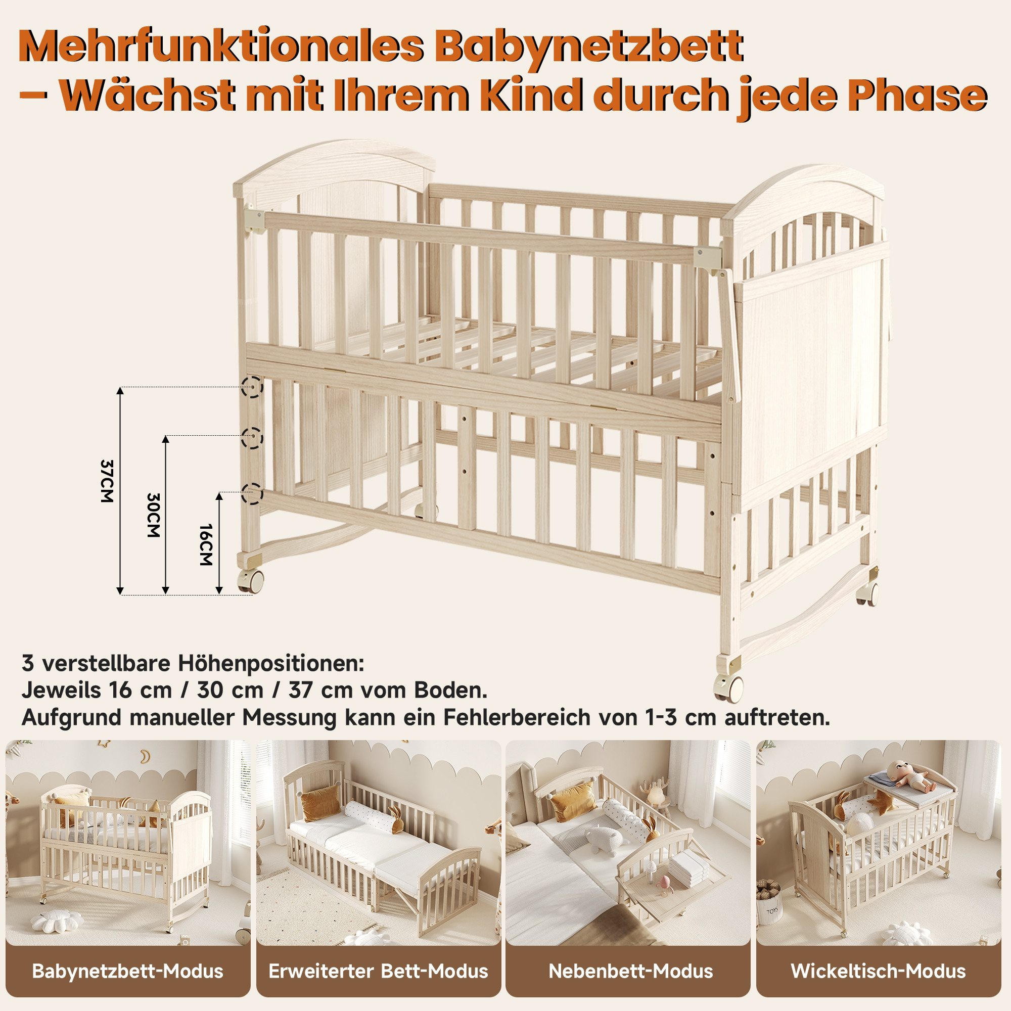 Odikalo Babybett mit Wickeltisch klappbarem Ablagerack, Verlängerbar, als Nebenbett nutzbar, ohne Matratze,120*60*95cm(um 40cm verlängerbar) – Bild 4 von 5