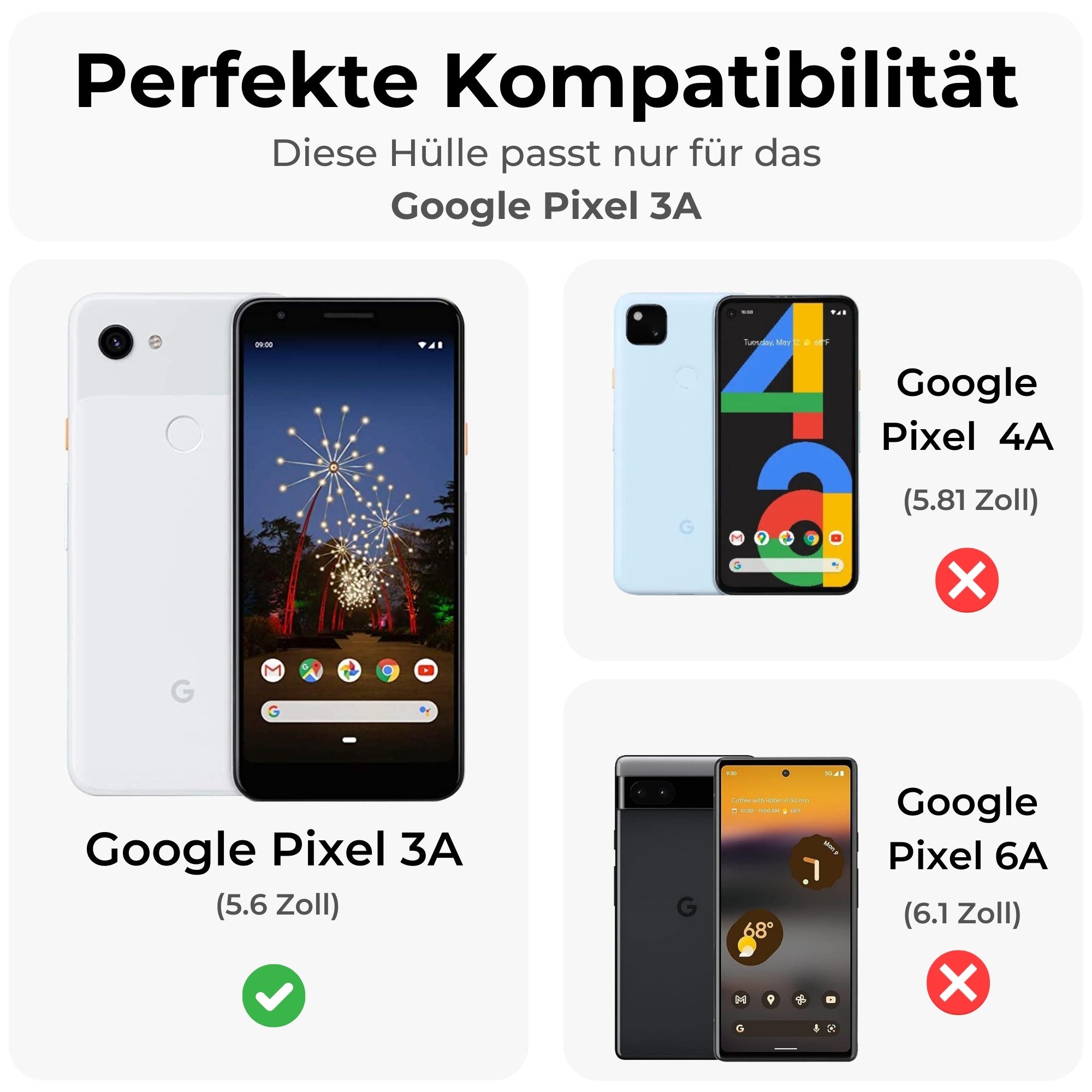betterfon Handyhülle Handytasche für Google Pixel 3a Klapphülle Schwarz, 3 Kartenfächer, Magnetverschluss & Standfunktion im Lederlook