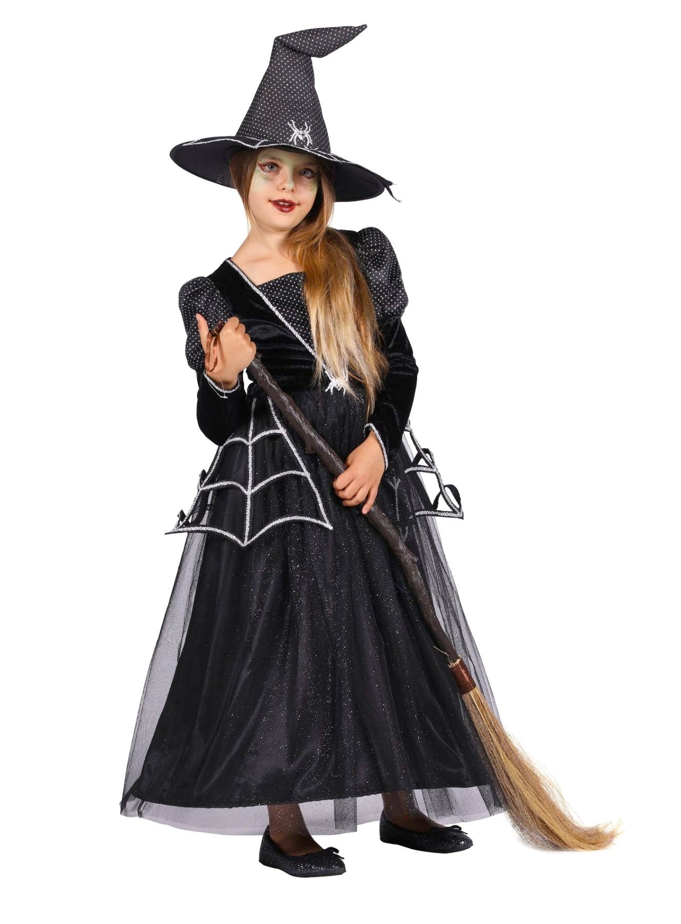 thetru Hexen-Kostüm Spinnenhexe - Halloween Kostüm Kinder Mädchen, Schwarzes Hexenkostüm mit Spinnen-Thematik