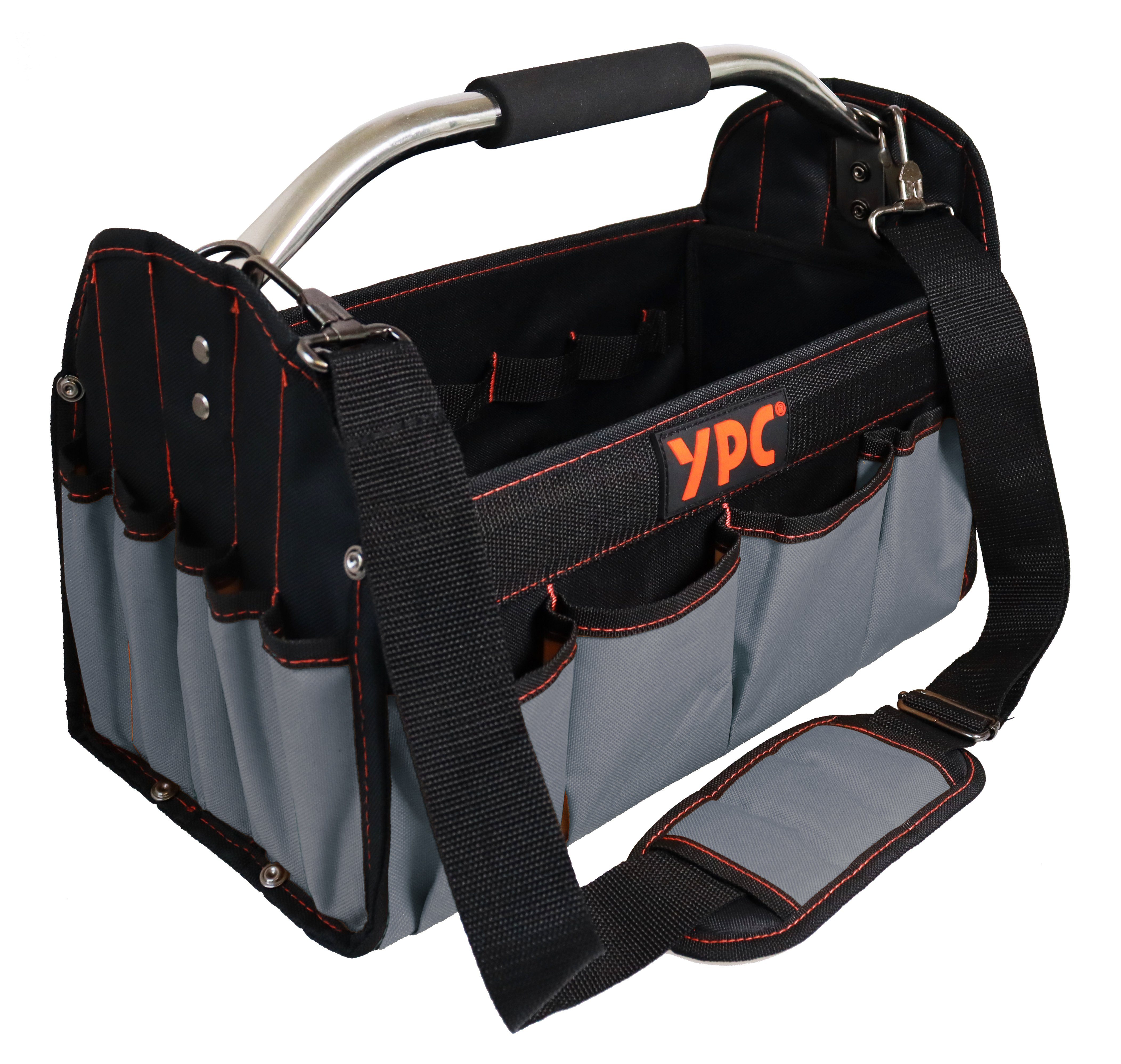 YPC Werkzeugtasche "Carrier" Werkzeugkorb XL, offene Werkzeugtasche mit Metallgriff, 40,5x30x19,5cm, 20 kg Tragkraft, Tragetasche für Werkzeug mit Haltern, Fächern und Einschüben Grau | Werkzeugtaschen