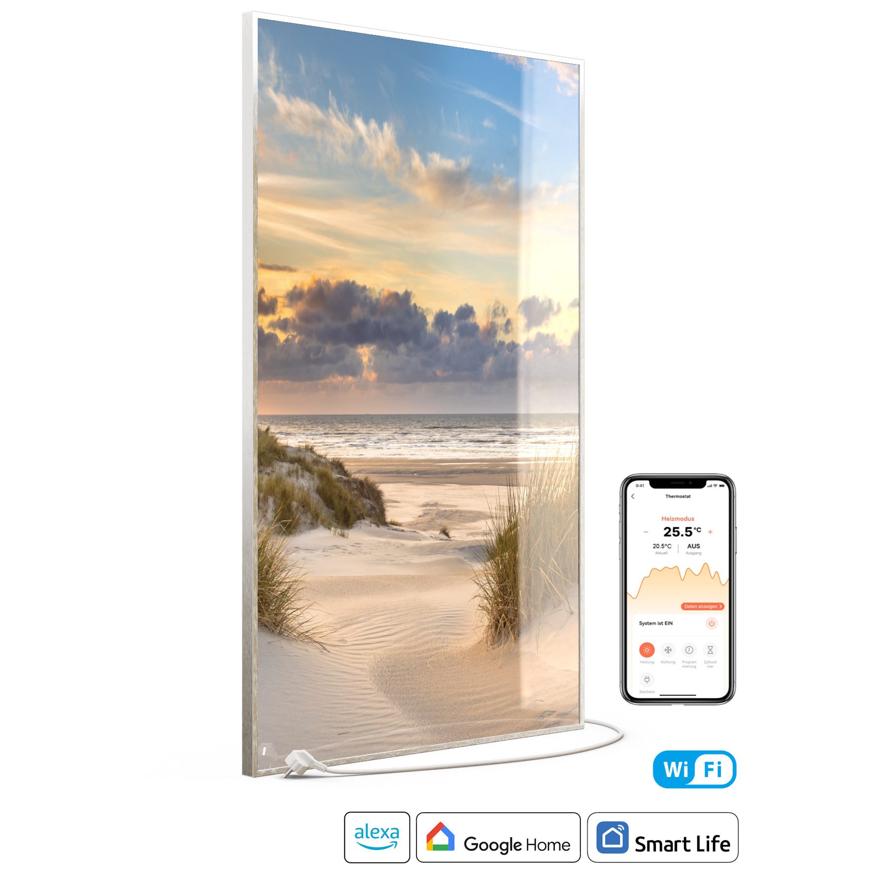 STEINFELD Heizsysteme Infrarotheizung Glas-Bild 900W, 120x74cm, Made in Germany, 7 Jahre Garantie, mit Thermostat, Silber