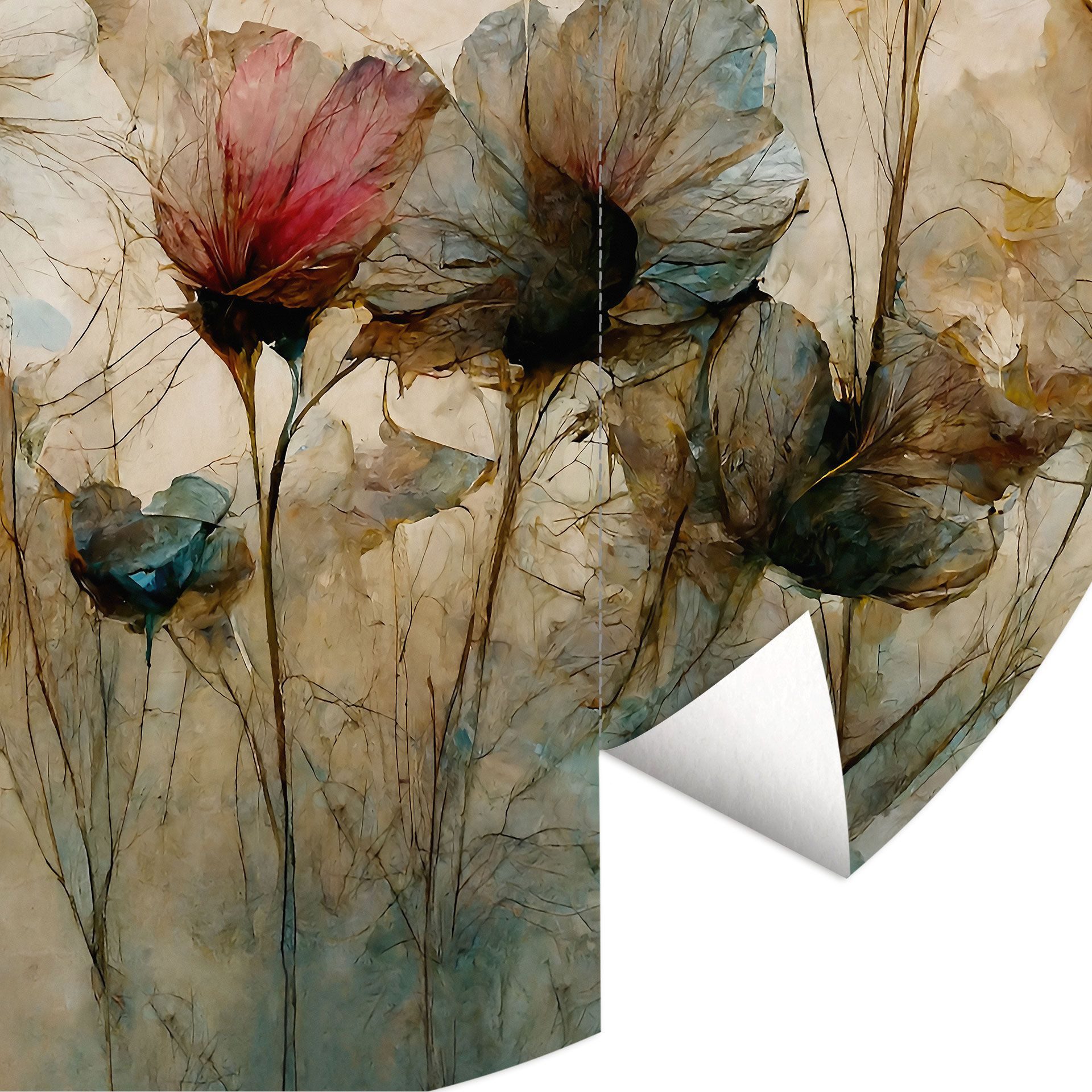 K&L Wall Art Fototapete selbstklebend Vliestapete Blumen Wandbild rund Vintage Natur Wanddeko, floral, bedruckt, selbstklebende Tapete