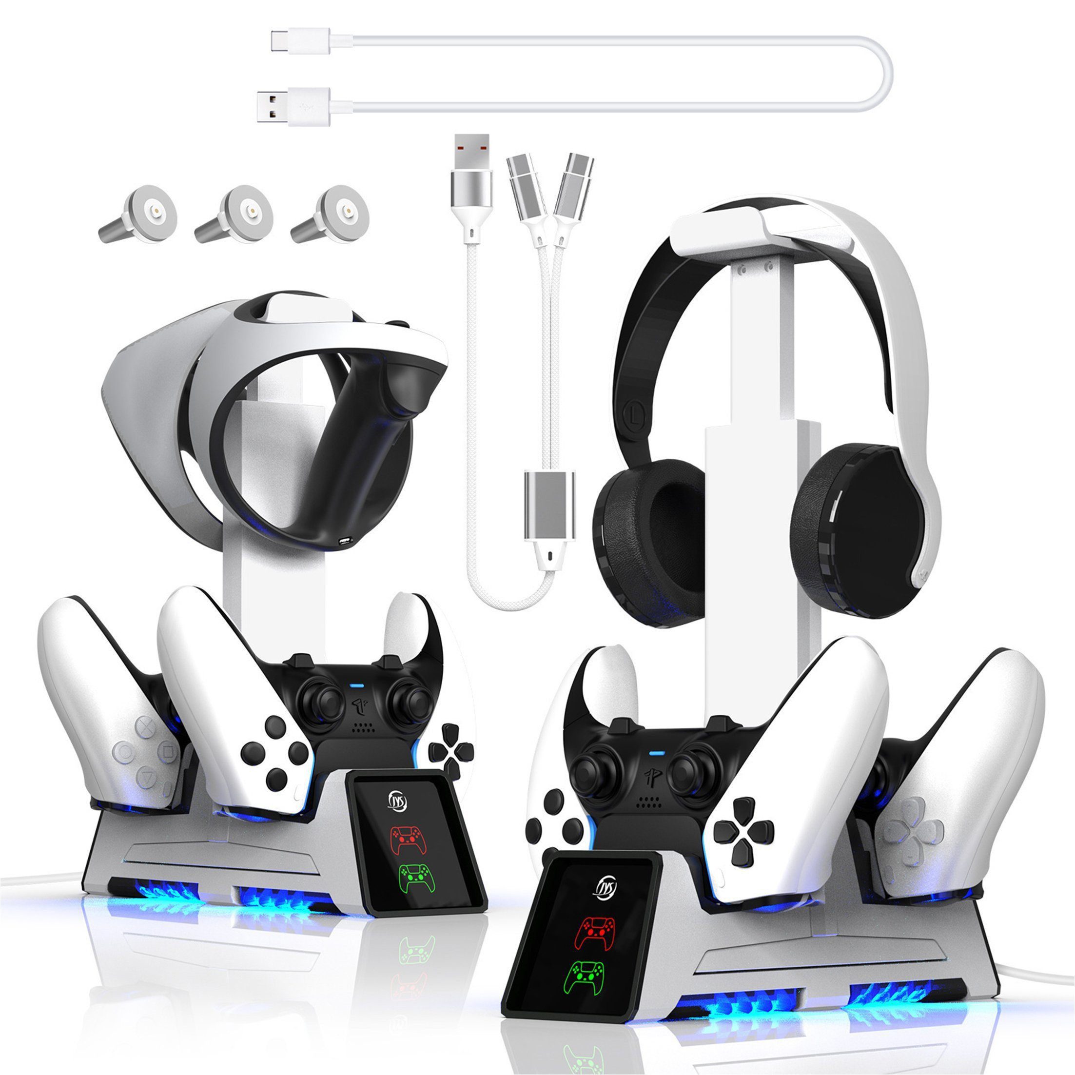 KINSI PS5 multifunktionale Gamepad-Ladestation,für PS VR2 Controller Controller-Ladestation (Mit 3 Magnetköpfen, ausgestattet mit 1 Stück 1.2M Type-C Ladekabel, Magnetisches Laden,Kann 2 PS5-Gamepads aufladen)