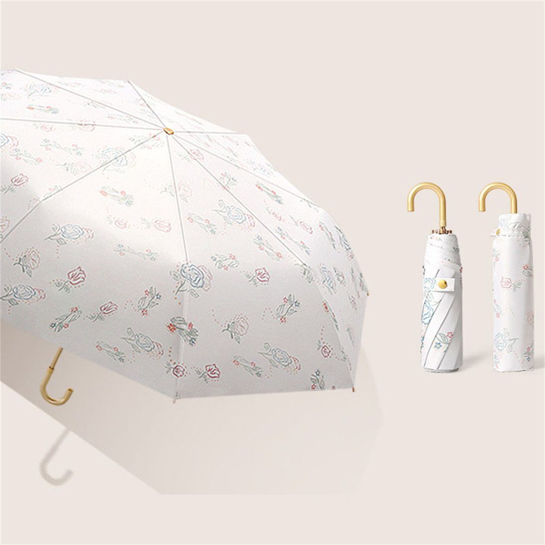 DÖRÖY Taschenregenschirm Hakenschirm,Blumenmuster-Regenschirm,regenfest UV-Faltschirm,gebogener