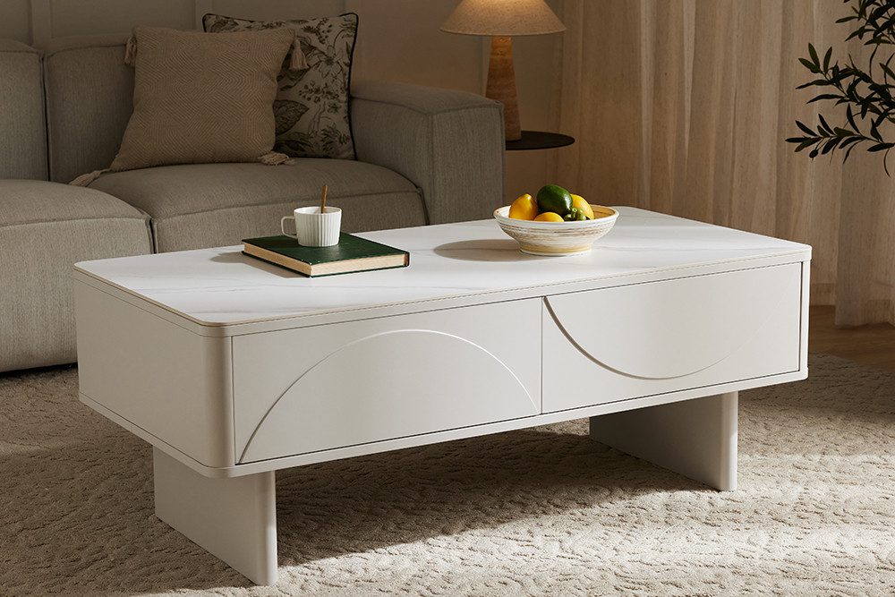 riess-ambiente Couchtisch SAVOY 120cm weiß-Keramik, Schubladen, Stauraum, Reliefstruktur, modern (Einzelartikel, 1-St), Zeitloser Couchtisch in Marmoroptik - ideal für Wohn- und Schlafzimmer