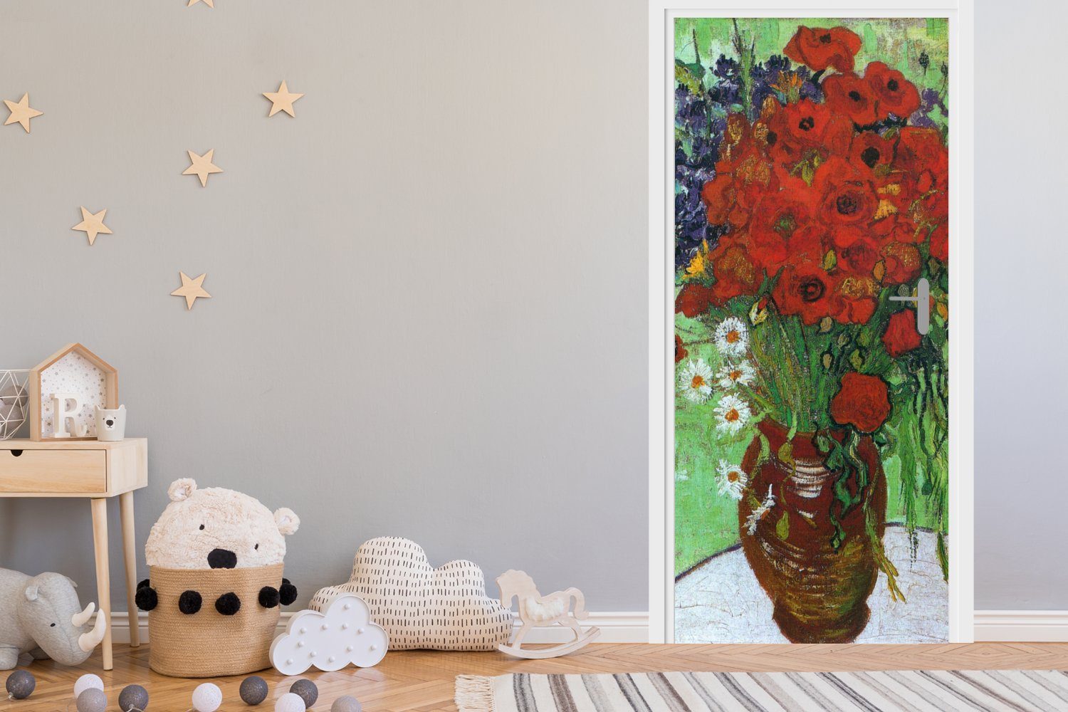 MuchoWow Türtapete Tür, bedruckt, St), Gogh, (1 - mit und cm Mohnblumen Türaufkleber, van Gänseblümchen Fototapete Matt, Vase roten für Vincent 75x205