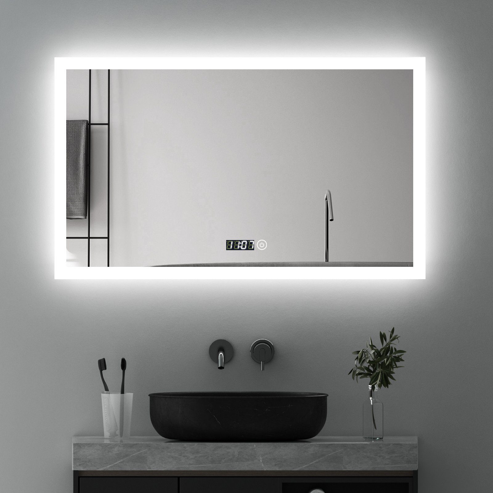 GOEZES Badspiegel Wandspiegel Led 100x60 Uhr Speicherfunktion 3Farben  Helligkeit dimmbar (Badezimmerspiegel mit Beleuchtung, Lichtspiegel, Spiegel  Bad Led, Touch/Wandschalter), energiesparender,IP44