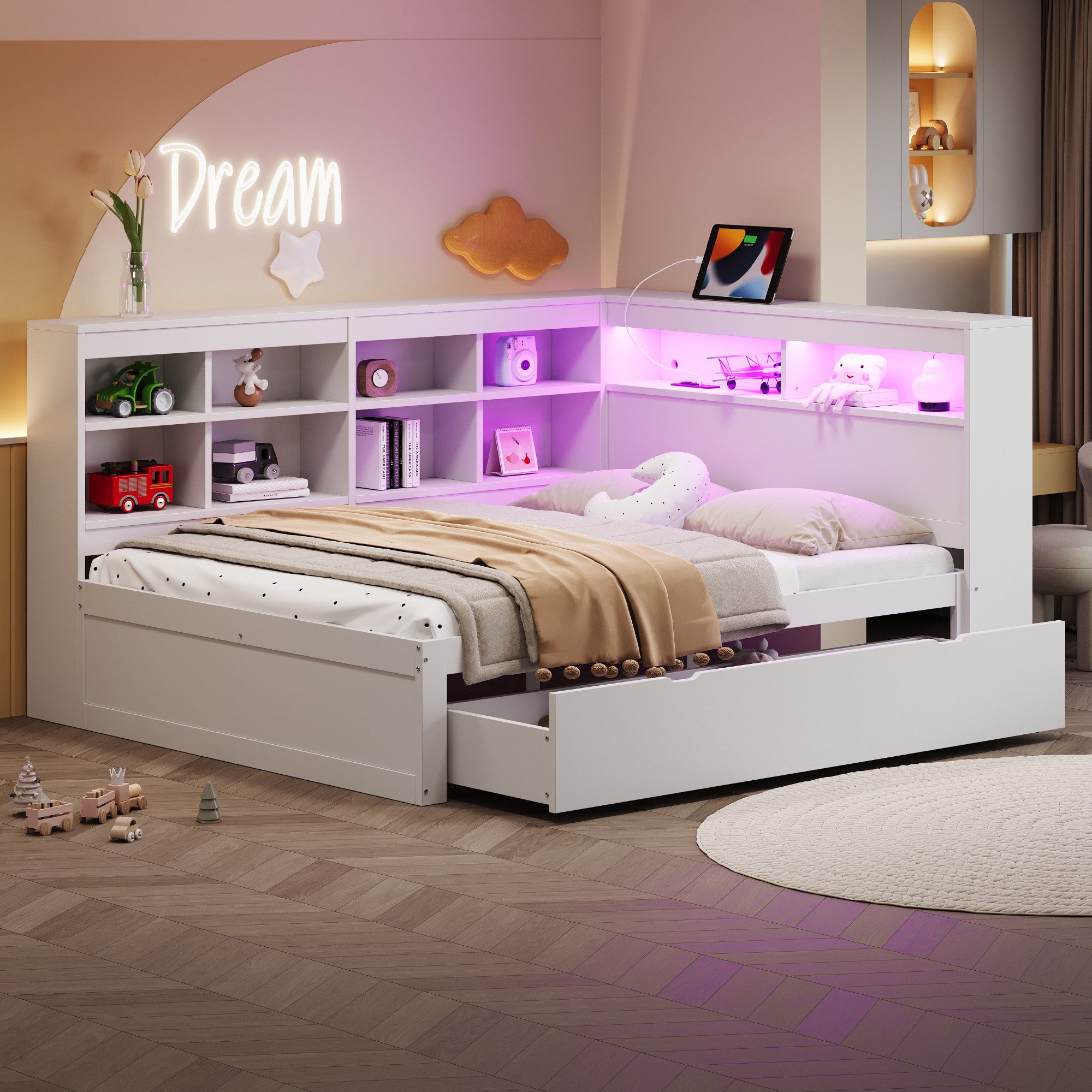 Flieks Massivholzbett, LED Doppelbett 140x200cm mit Stauraum, USB-Aufladen und Schublade – Bild 2 von 5