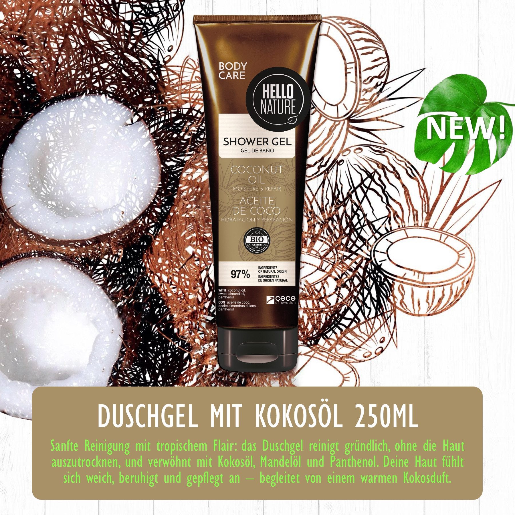 Hello Nature Duschgel mit Kokosöl BIO Sanfte Reinigung & Pflege Körperpflege Naturkosmetik, 2-tlg., Duschgel, Hautpflege, Körperpflege, Kokos Öl